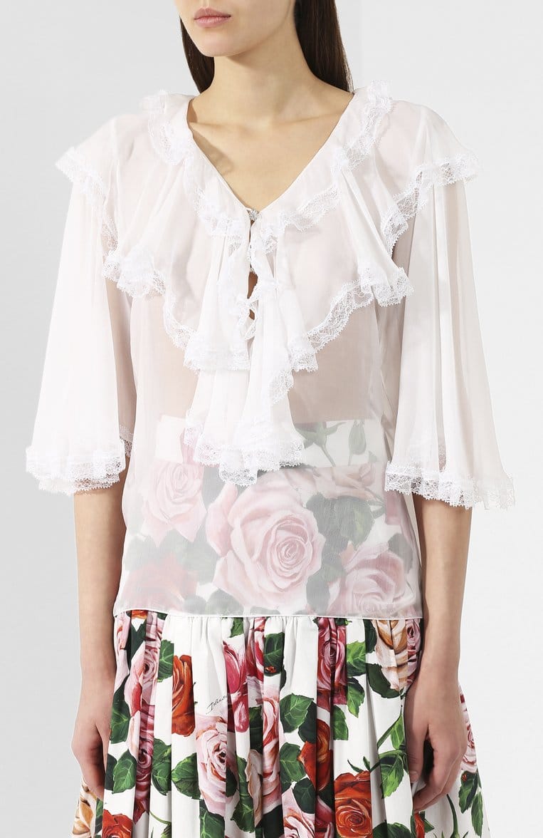 【人気】DOLCE&GABBANA シルク レース　シアーブラウス 46 Dolce & Gabbana シアーシルクレースフリルブラウス | Sendegaro JP