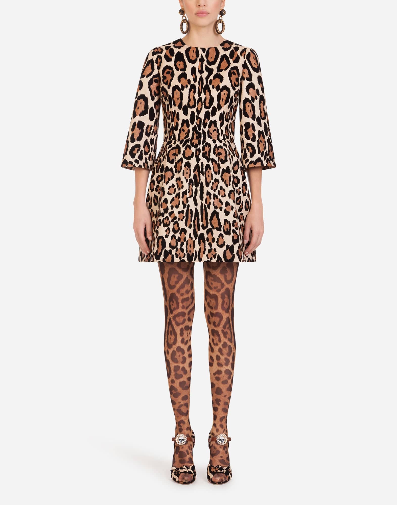 Short Dress In Woven Fabric With Flocked Leopard Print