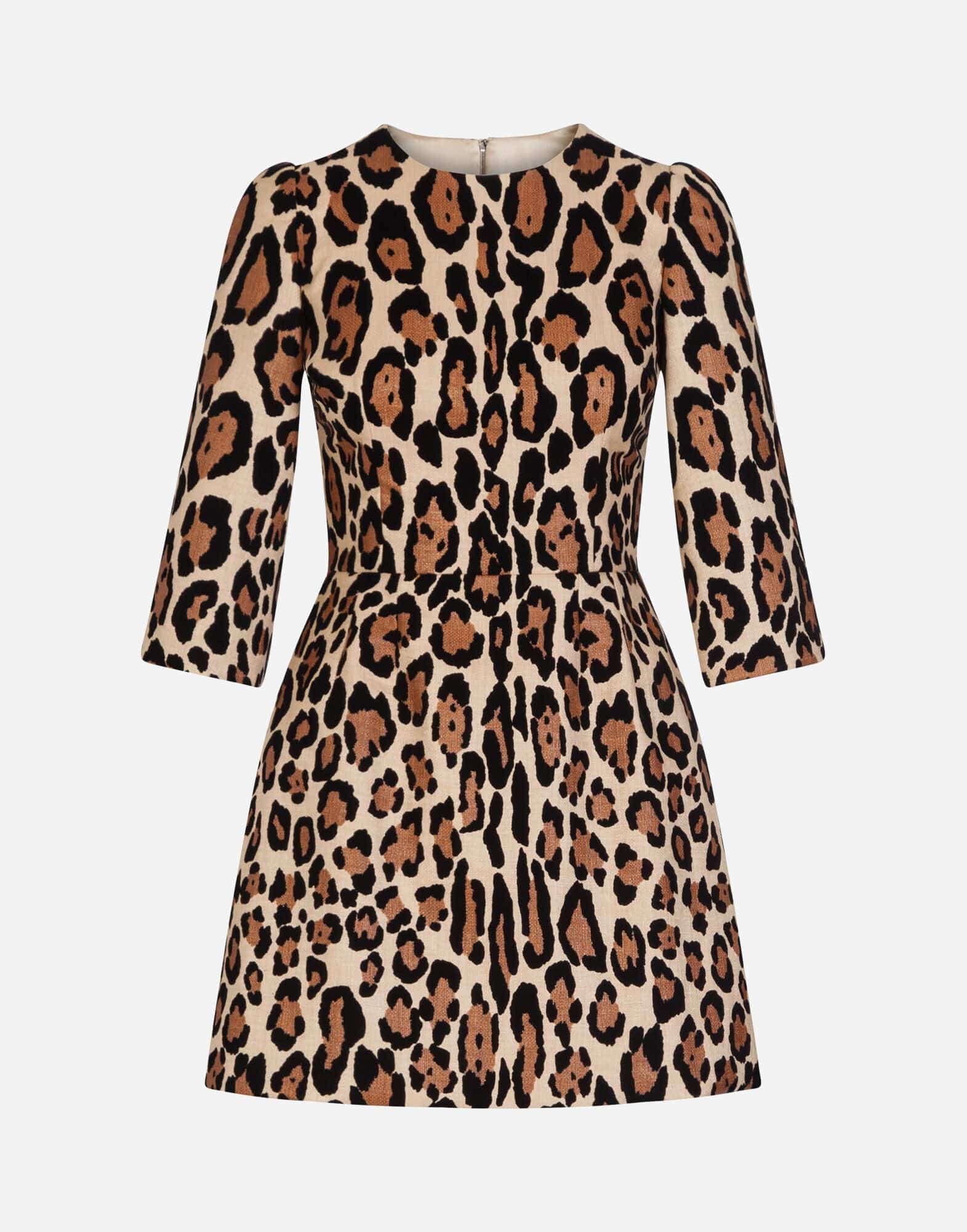 Dolce & Gabbana Short Dress In Woven Fabric With Flocked Leopard Print