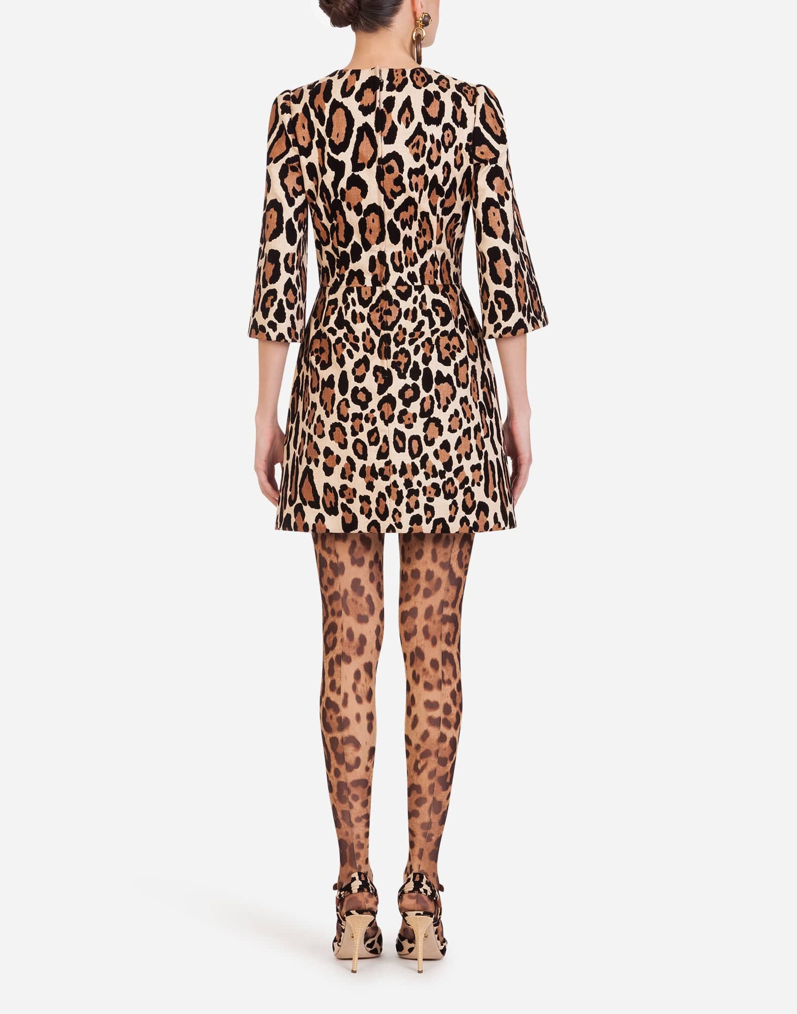 Short Dress In Woven Fabric With Flocked Leopard Print