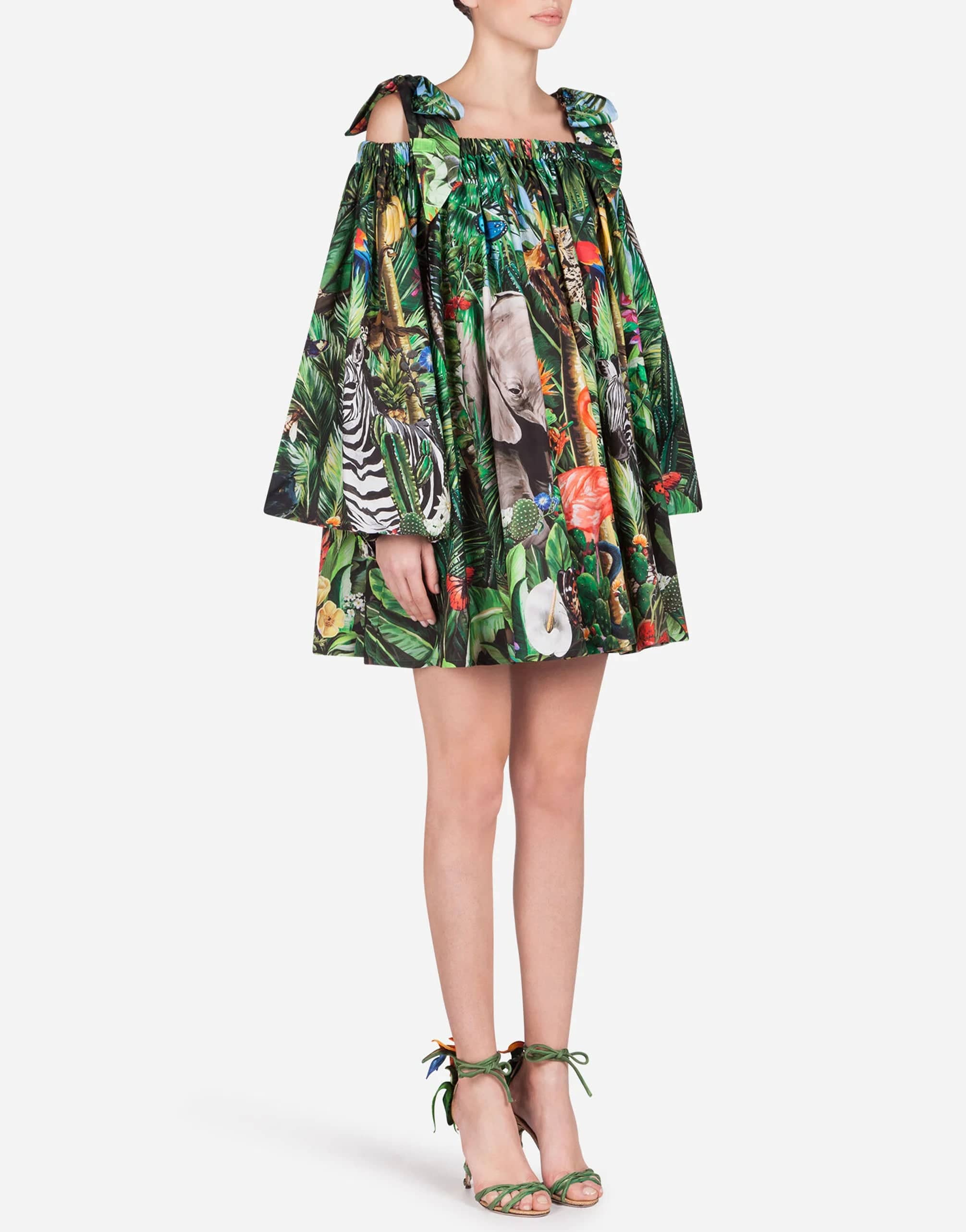 Dolce & Gabbana Short Poplin Dress With Braces And Jungle Print