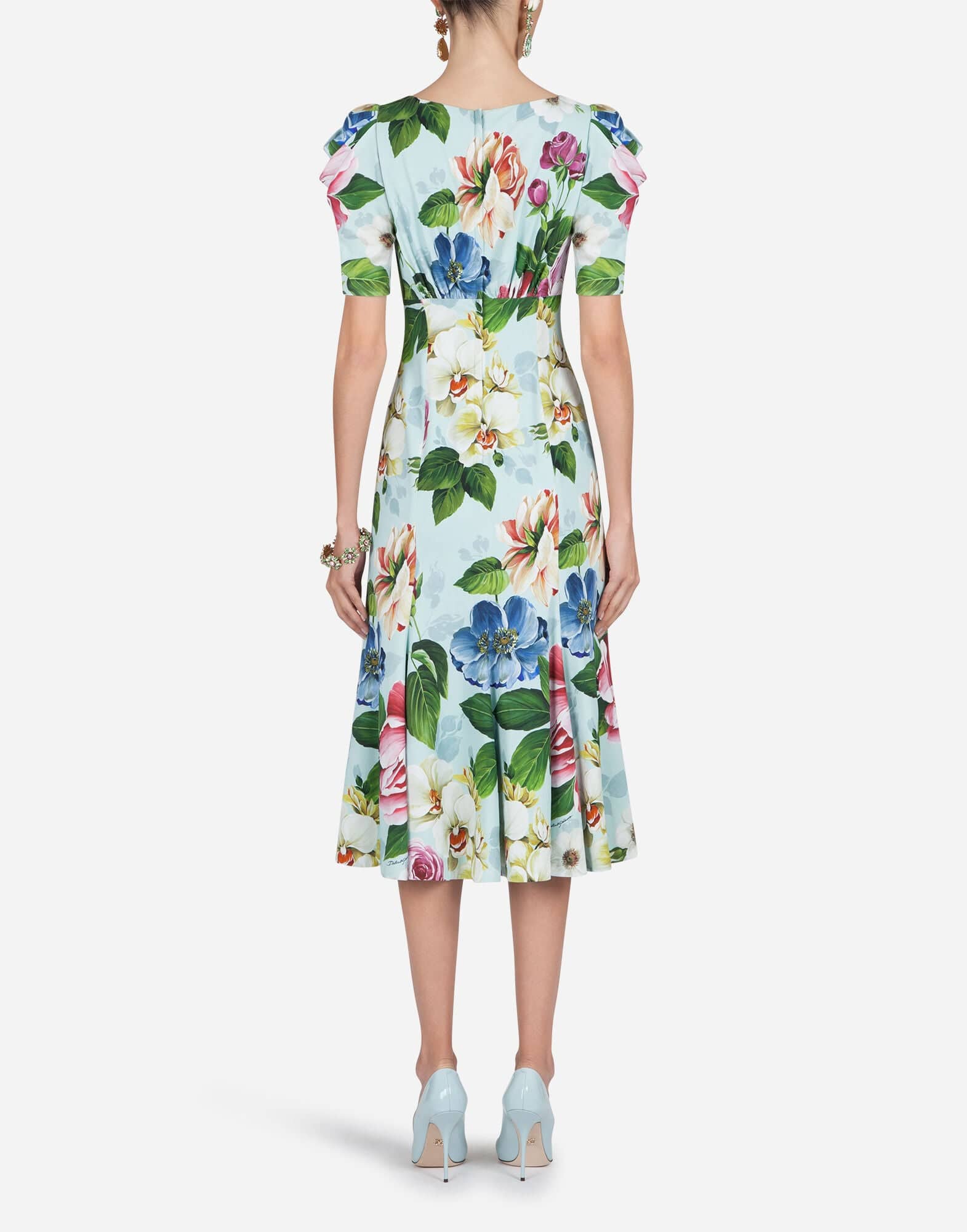 Dolce & Gabbana Short-Sleeved Floral-Print Cady Midi Dress