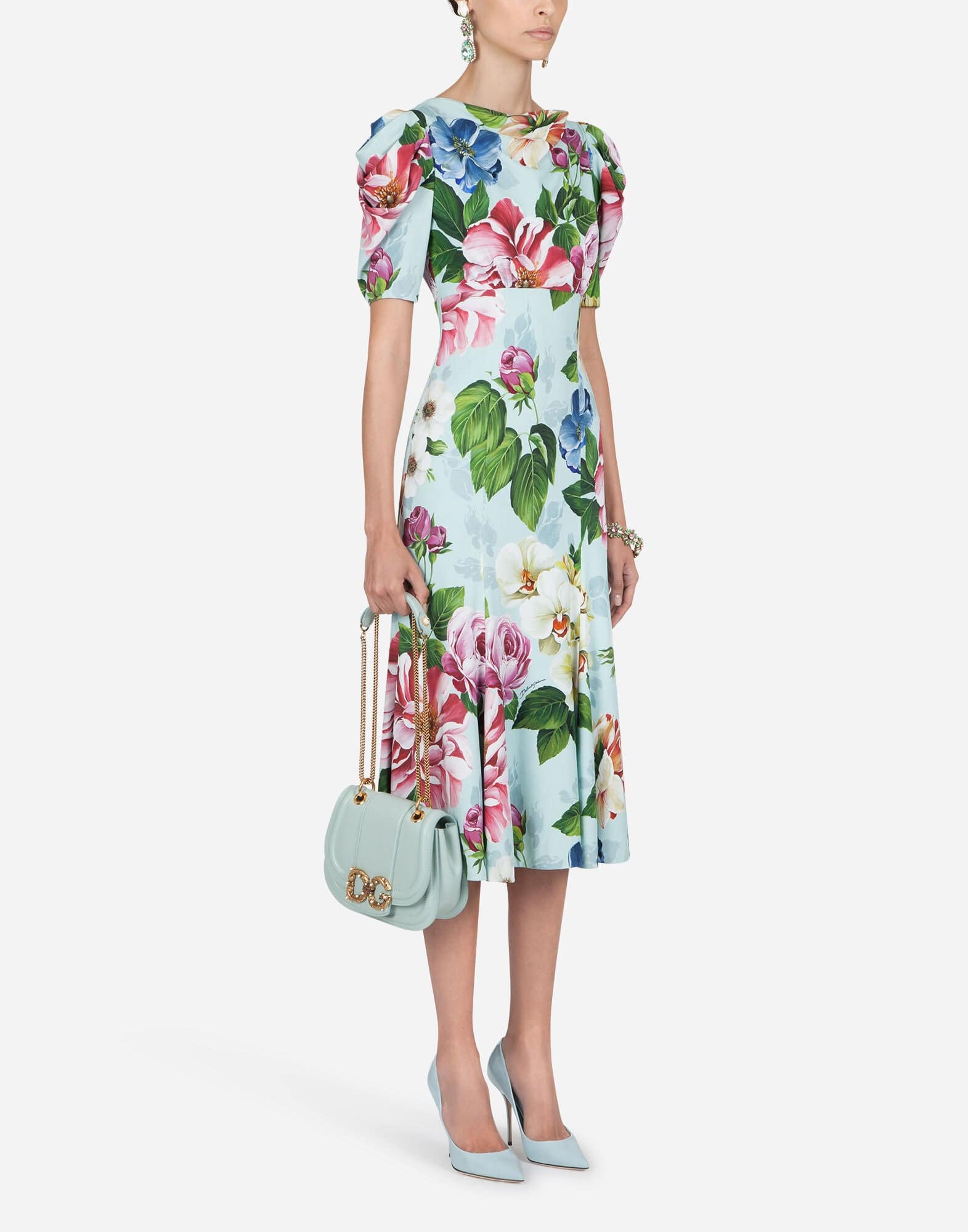 Dolce & Gabbana Short-Sleeved Floral-Print Cady Midi Dress