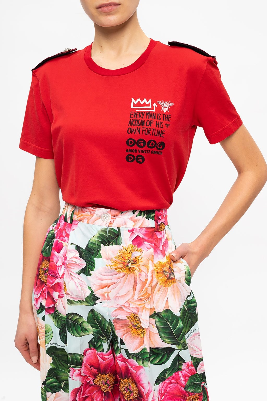 Dolce & Gabbana Shoulder Embellished Graphic-Print T-Shirt