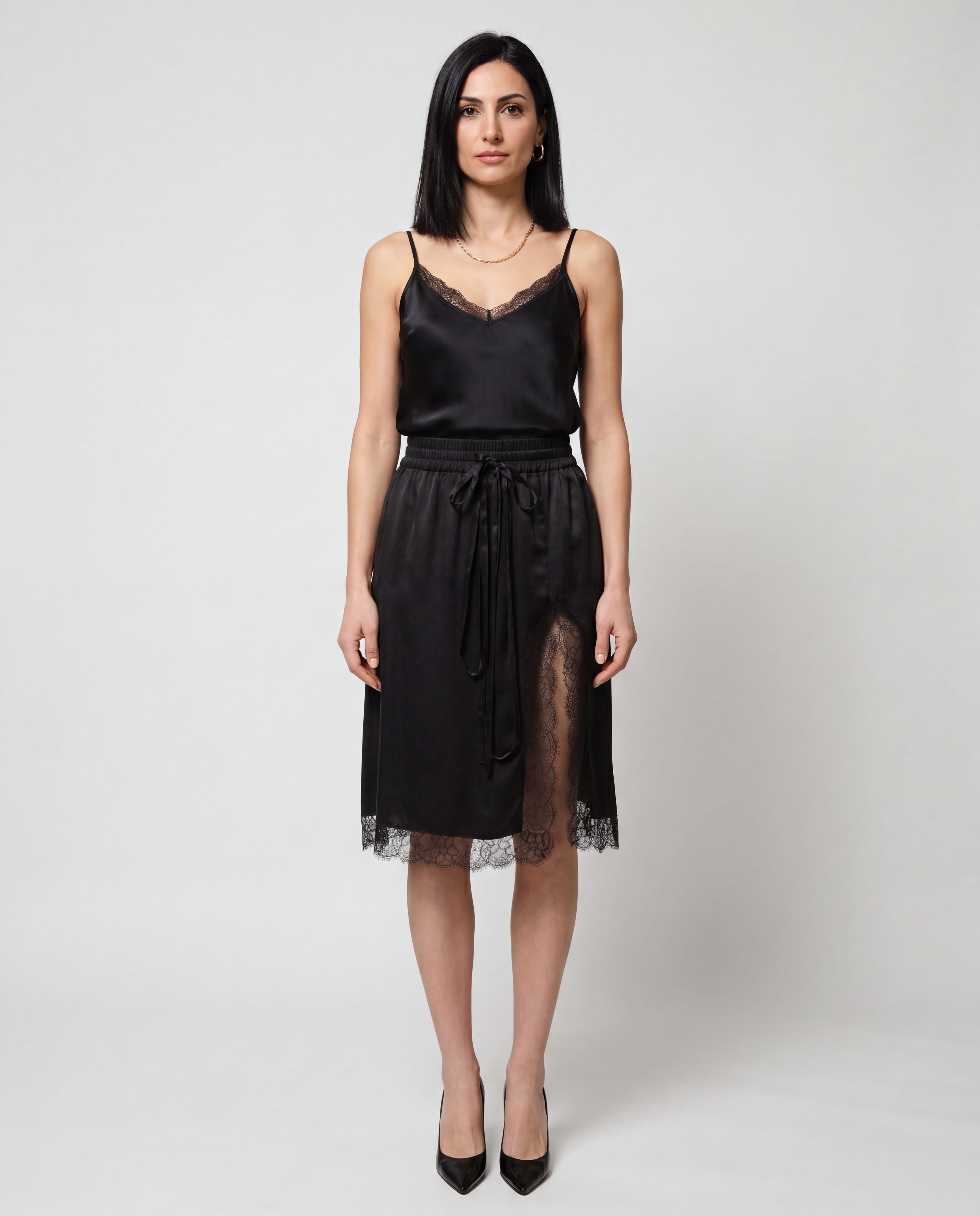 Dolce & Gabbana Silk Satin Lace Trim Midi Skirt - alternate view