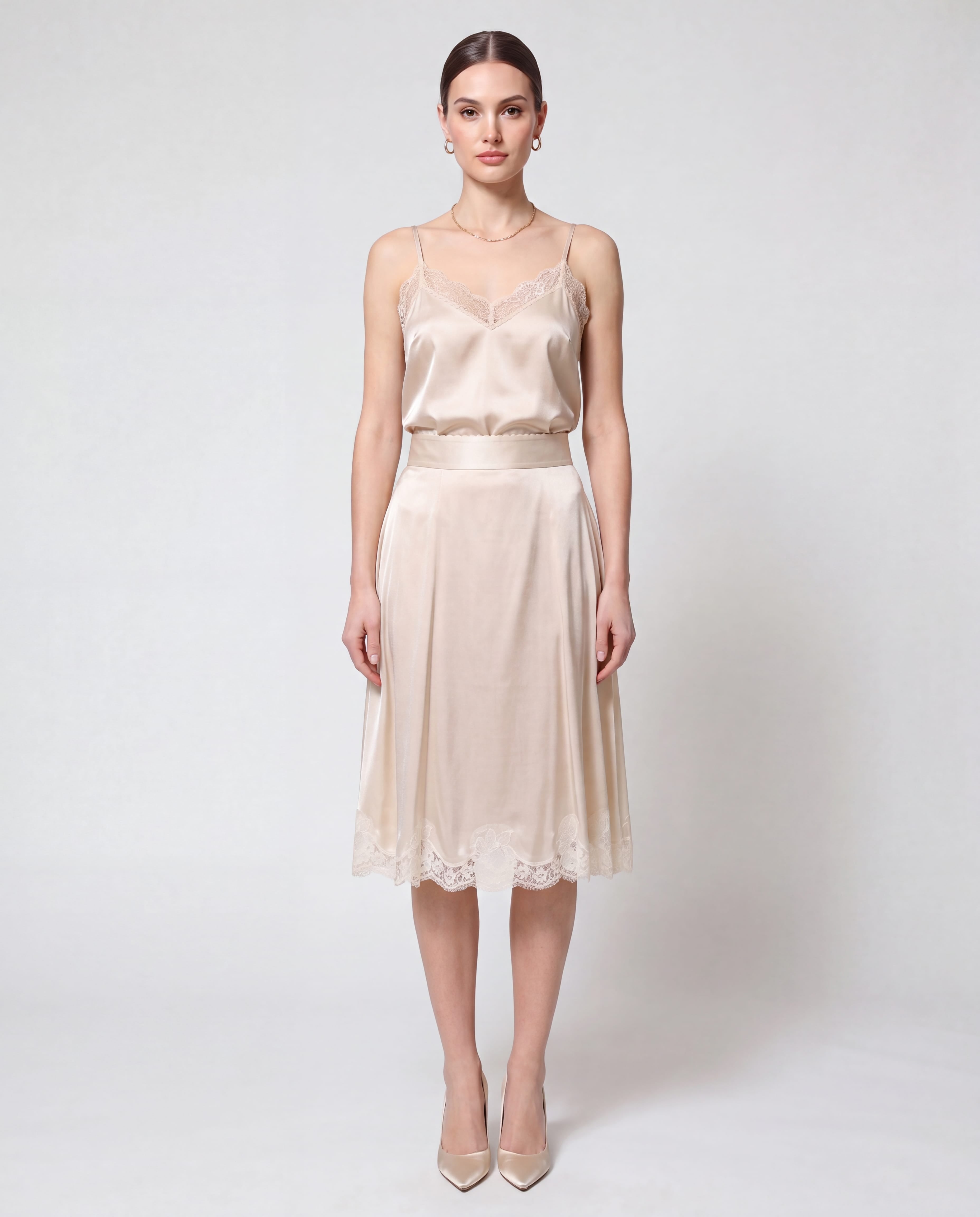 Dolce & Gabbana Dolce & Gabbana Silk Satin Midi Skirt with Lace Hem