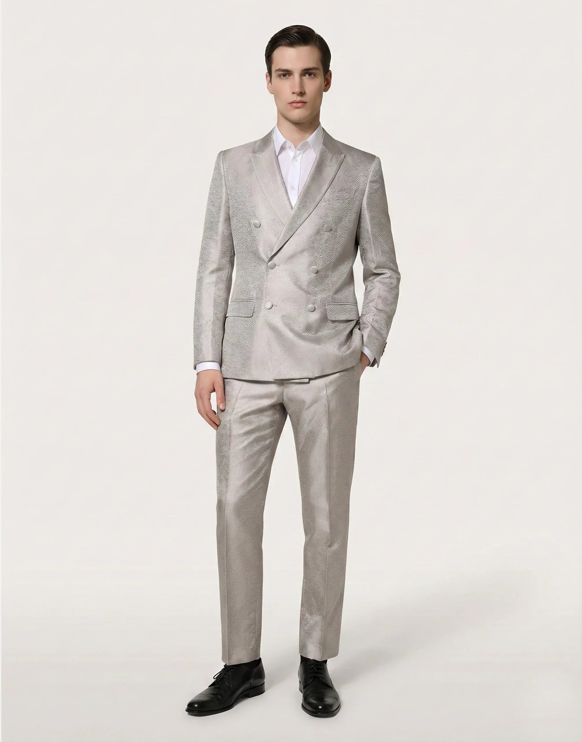 Dolce & Gabbana Silver Textured Double-Breasted Silk Suit