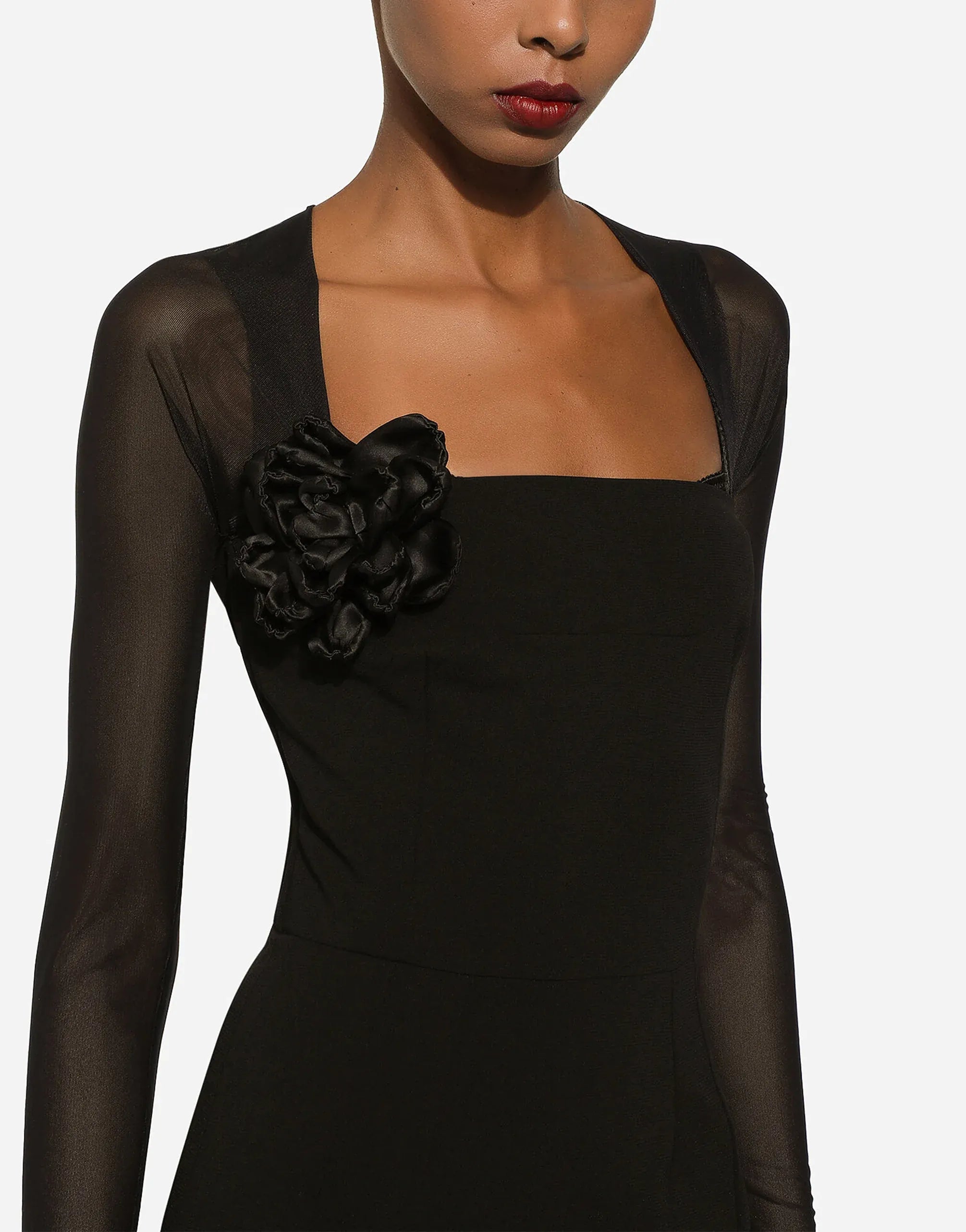 Dolce & Gabbana Black Sheer Yoke Rosette Sheath Midi Dress