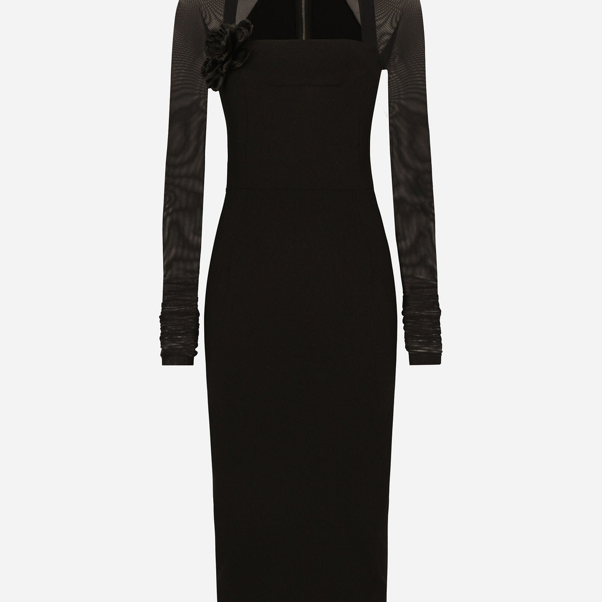 dolce and gabbana tulle midi dress Dolce & Gabbana Black Sheer Yoke Rosette Sheath Midi Dress