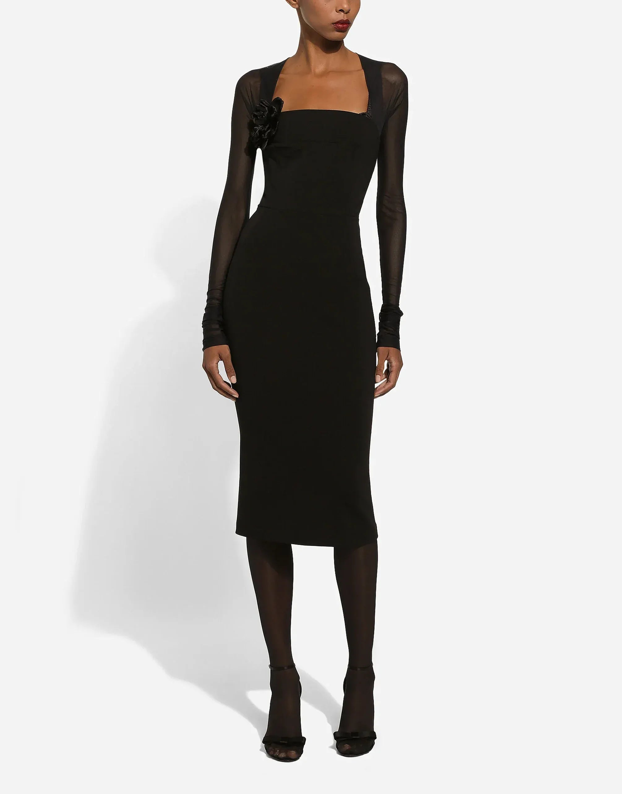 Dolce & Gabbana Square-Neck Tulle-Sleeved Midi Dress