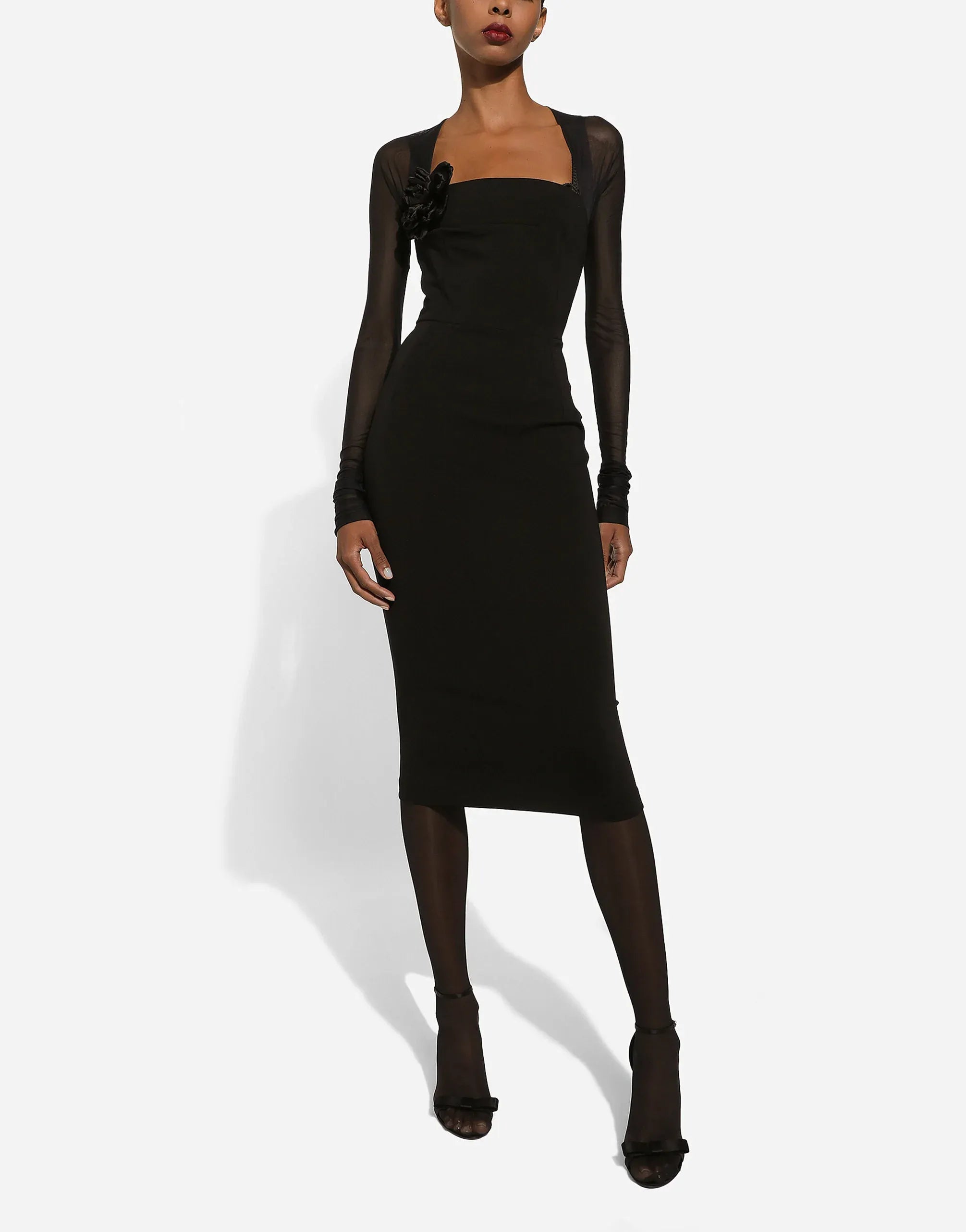chinese dress ladies Dolce & Gabbana Black Sheer Yoke Rosette Sheath Midi Dress