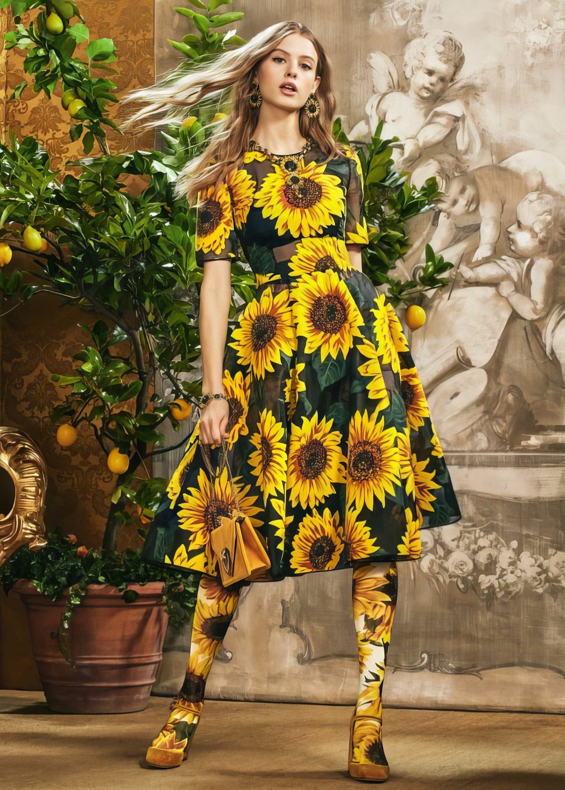 Sunflower Print Midi Dress