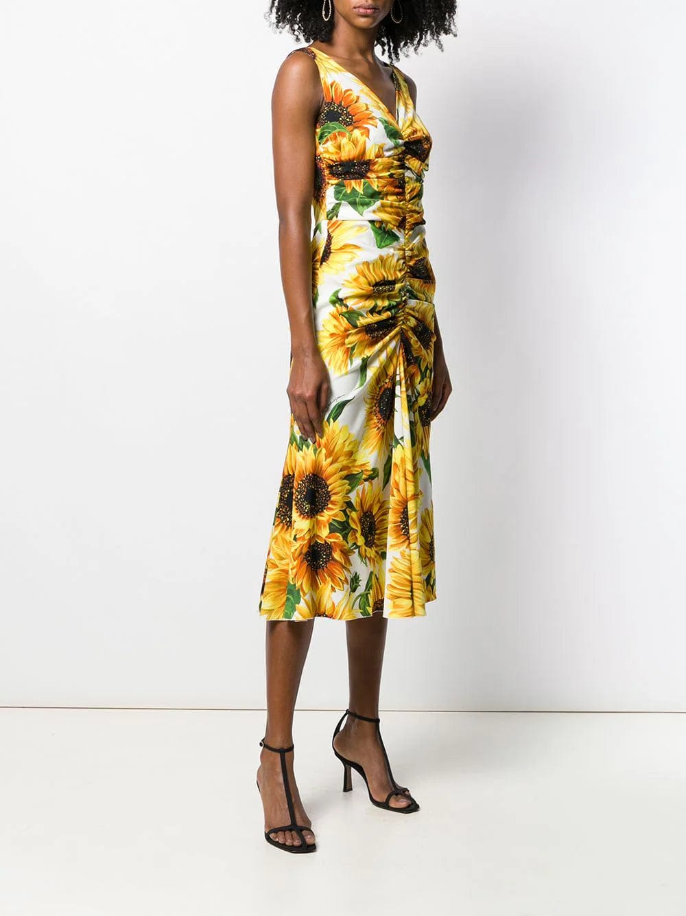 Sunflower Print Ruched Midi Dress