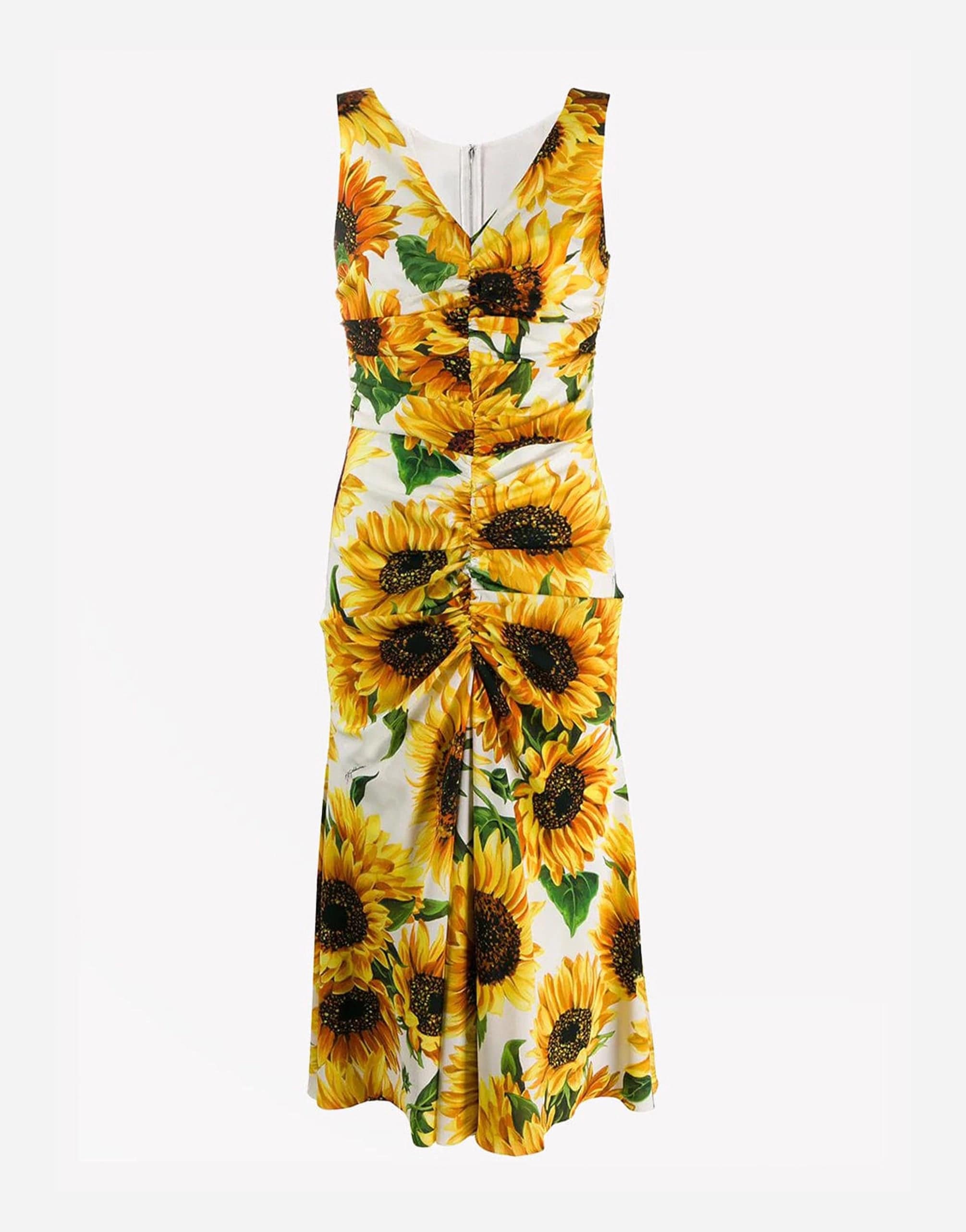 Sunflower Print Ruched Midi Dress