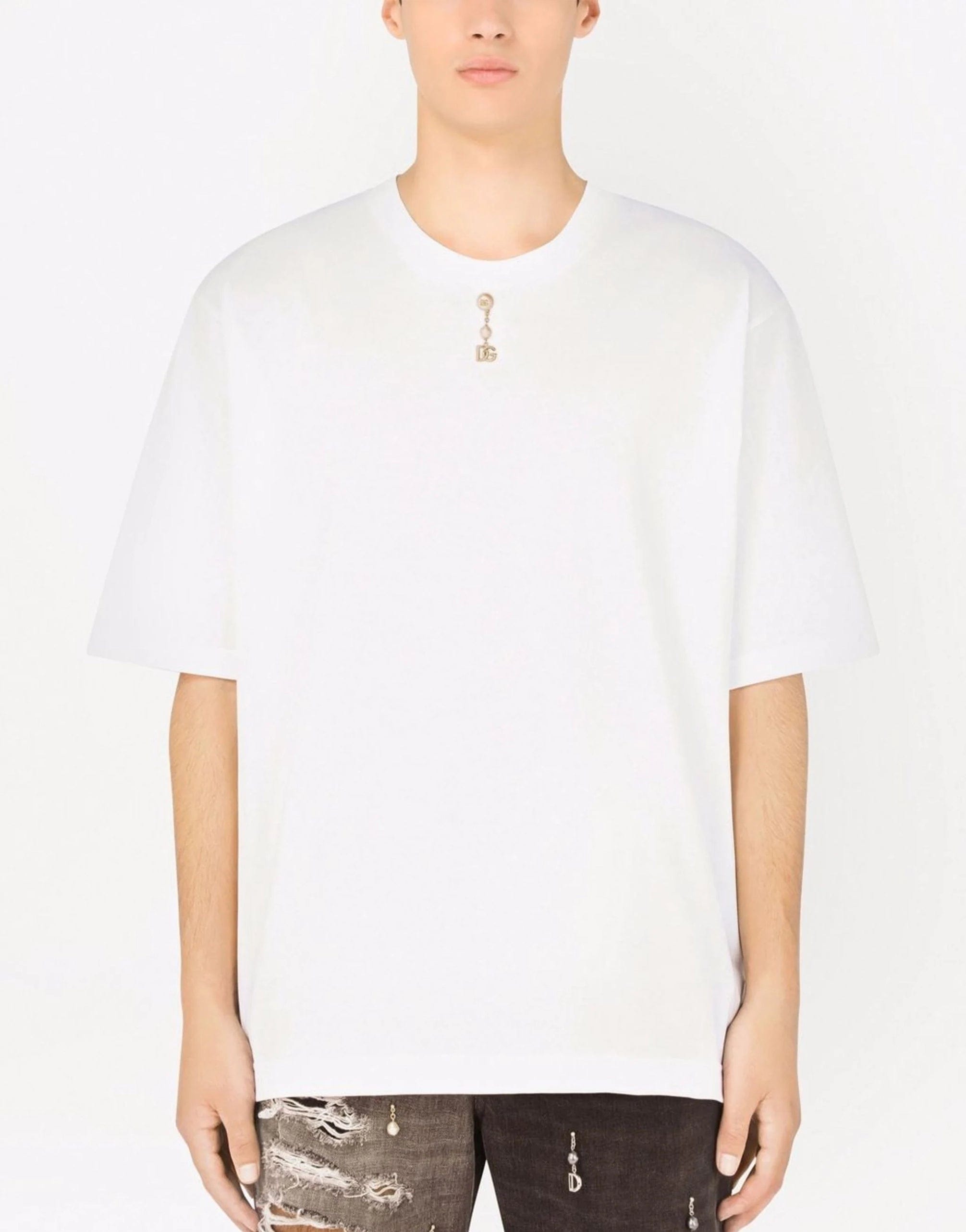 Dolce & Gabbana T-Shirt With Pearl Pendant And DG Logo Dolce & Gabbana T-Shirt With Pearl Pendant And DG Logo
