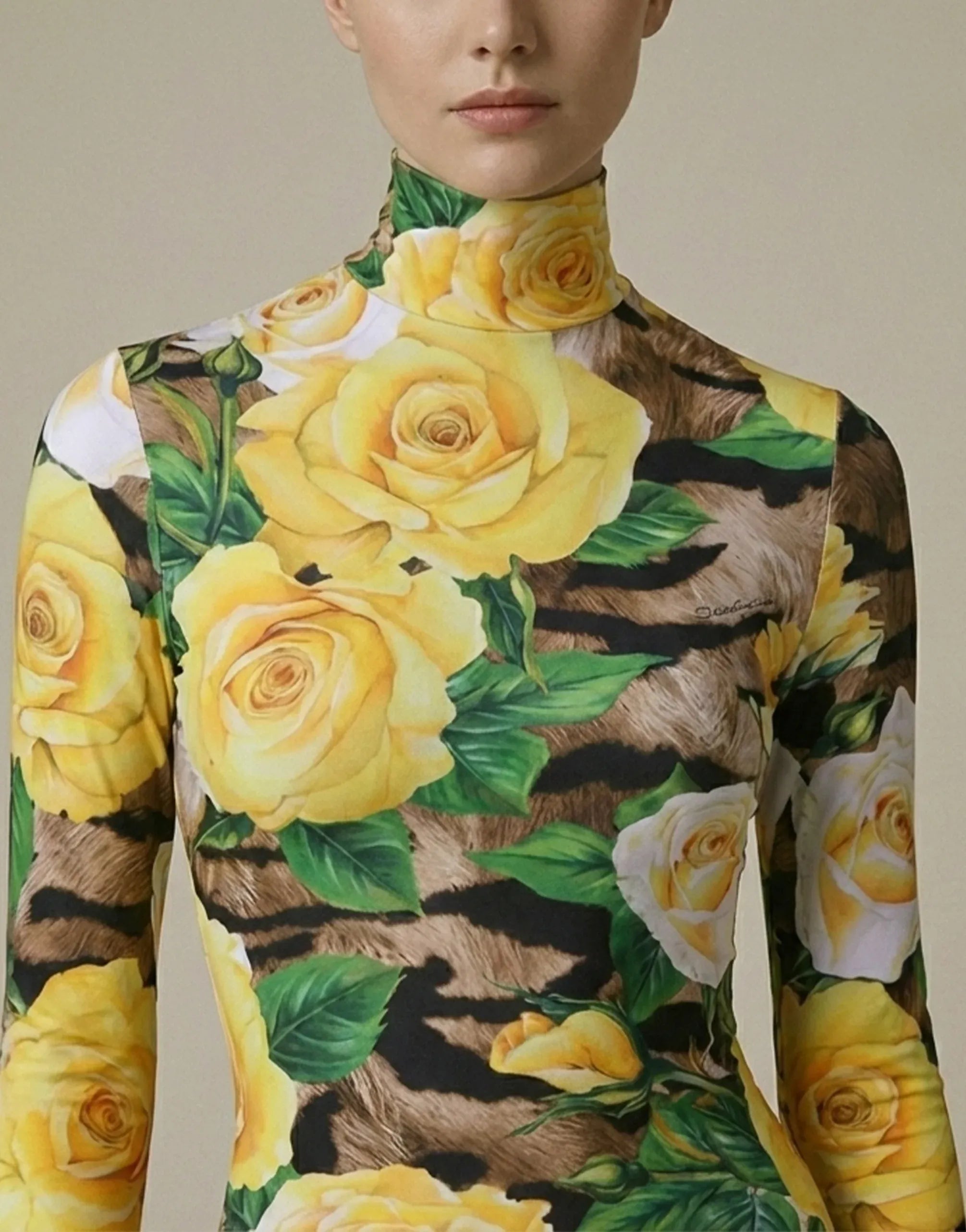 Dolce & Gabbana Tiger And Floral Print High-Neck Mini Dress