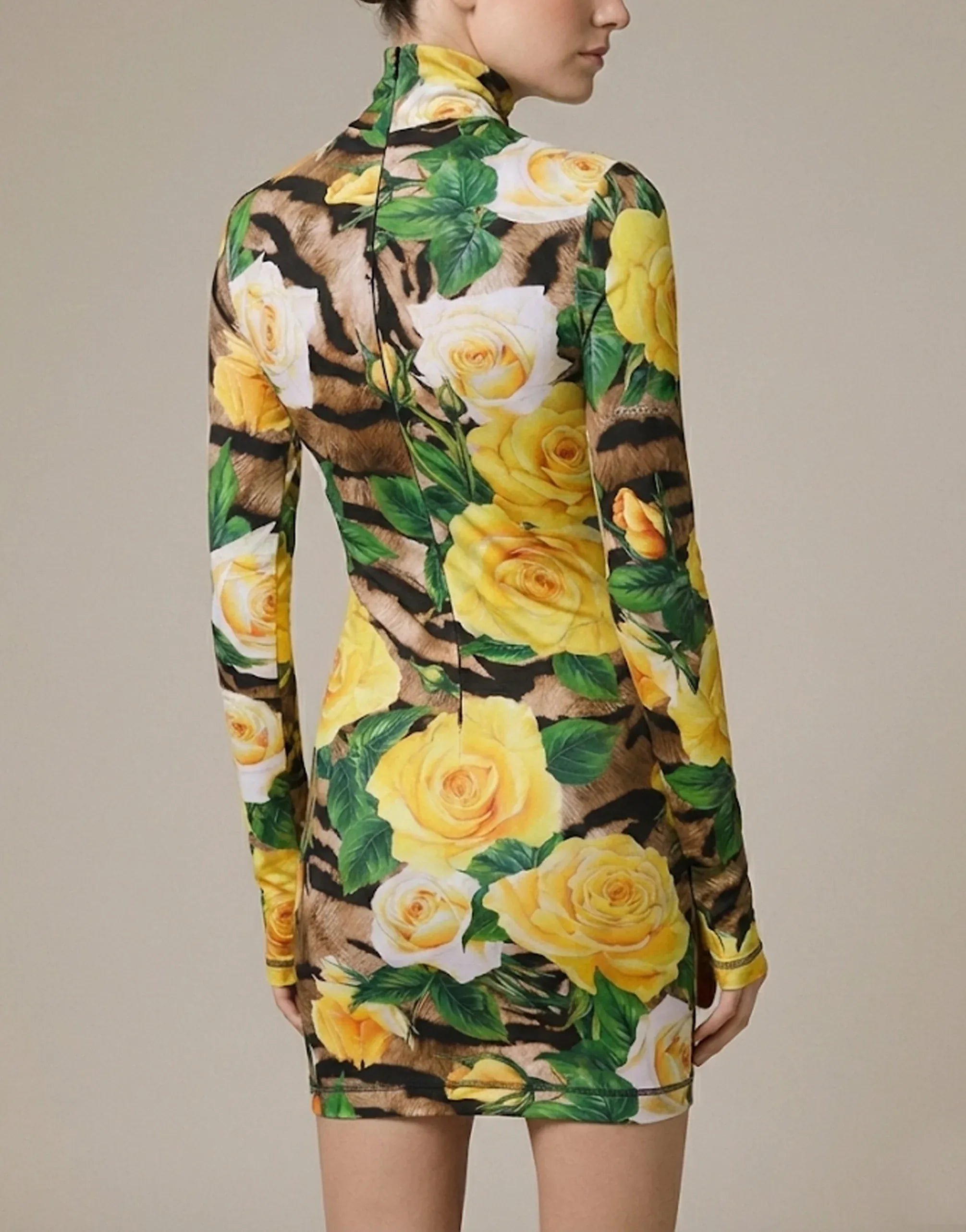 Dolce & Gabbana Tiger And Floral Print High-Neck Mini Dress