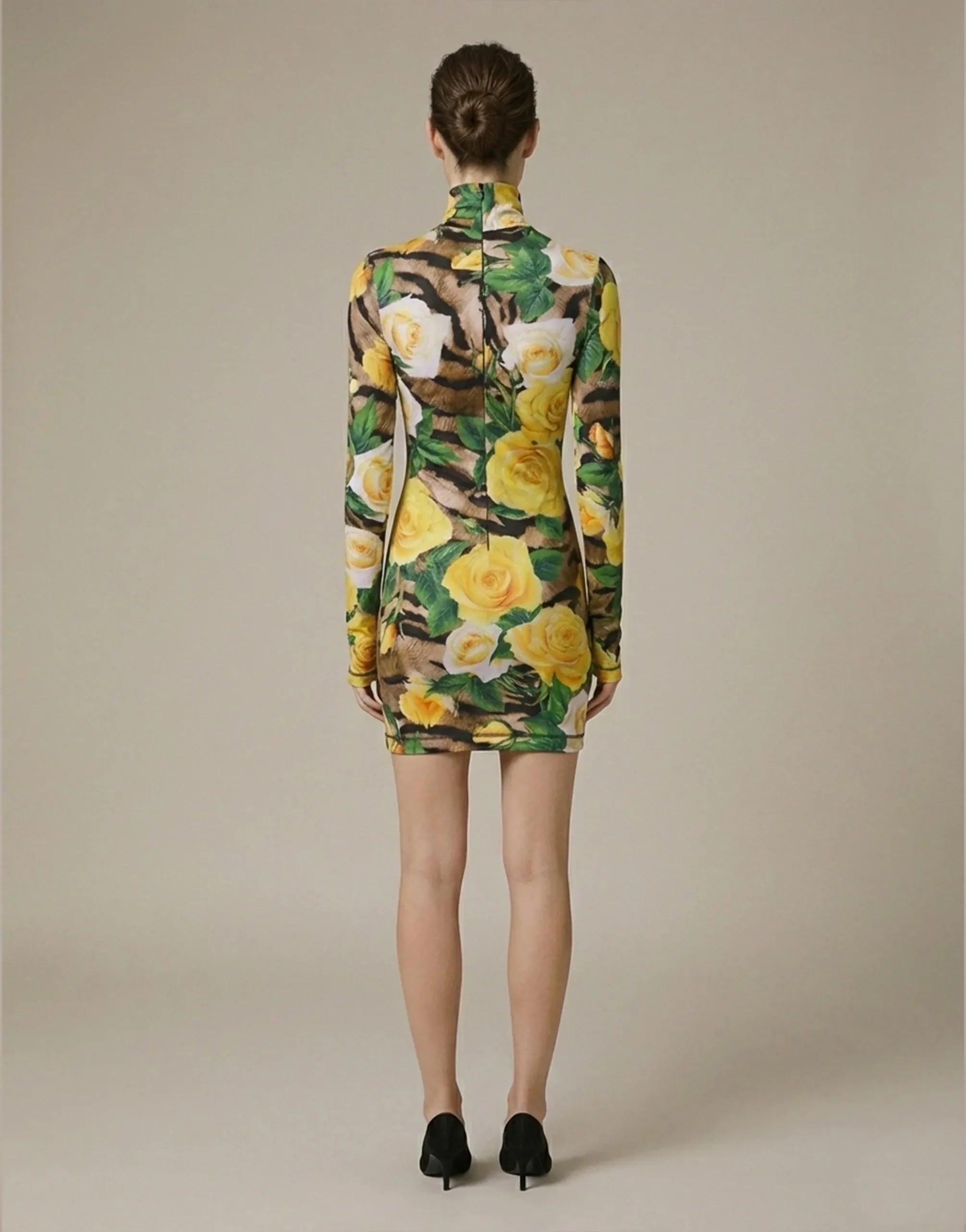Dolce & Gabbana Tiger And Floral Print High-Neck Mini Dress