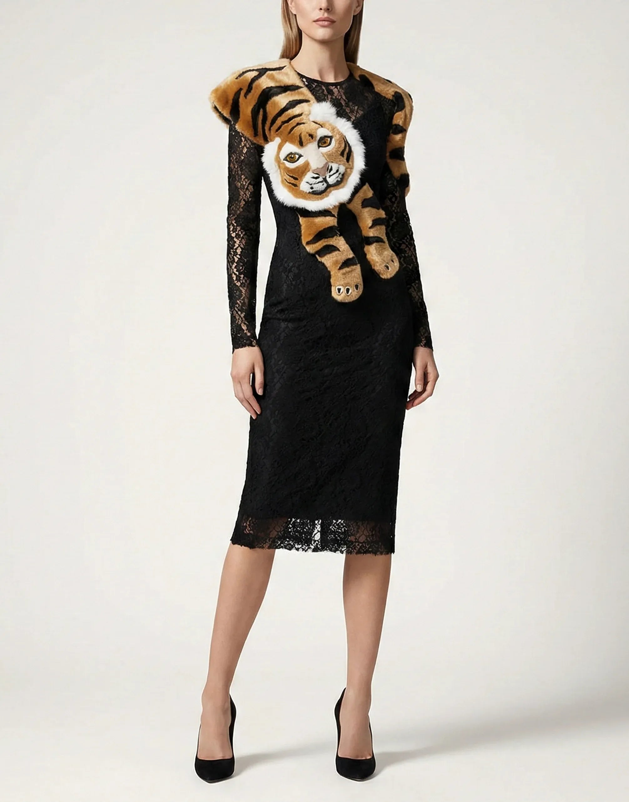 Dolce & Gabbana Tiger Appliqué Lace Midi Dress