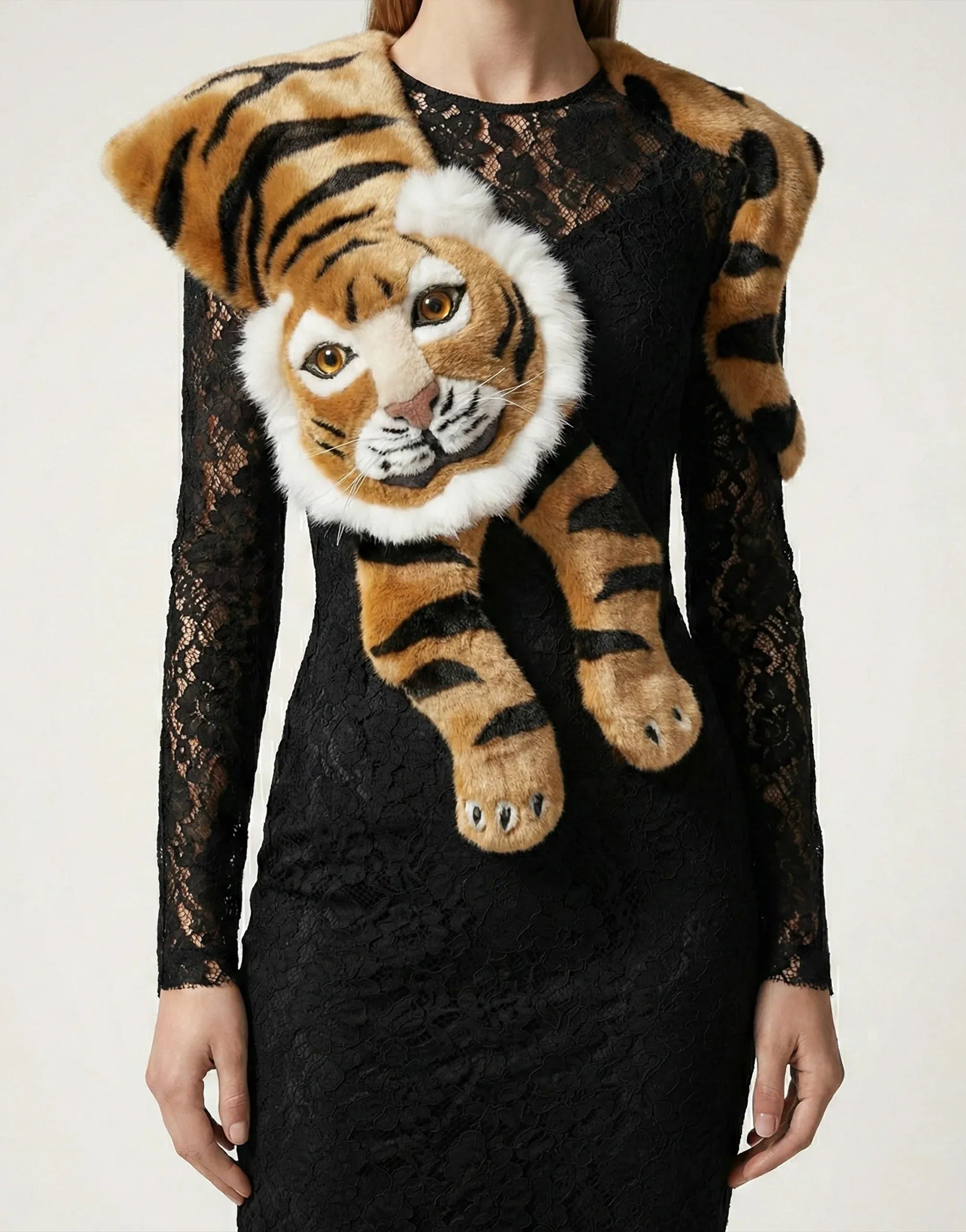 Dolce & Gabbana Tiger Appliqué Lace Midi Dress
