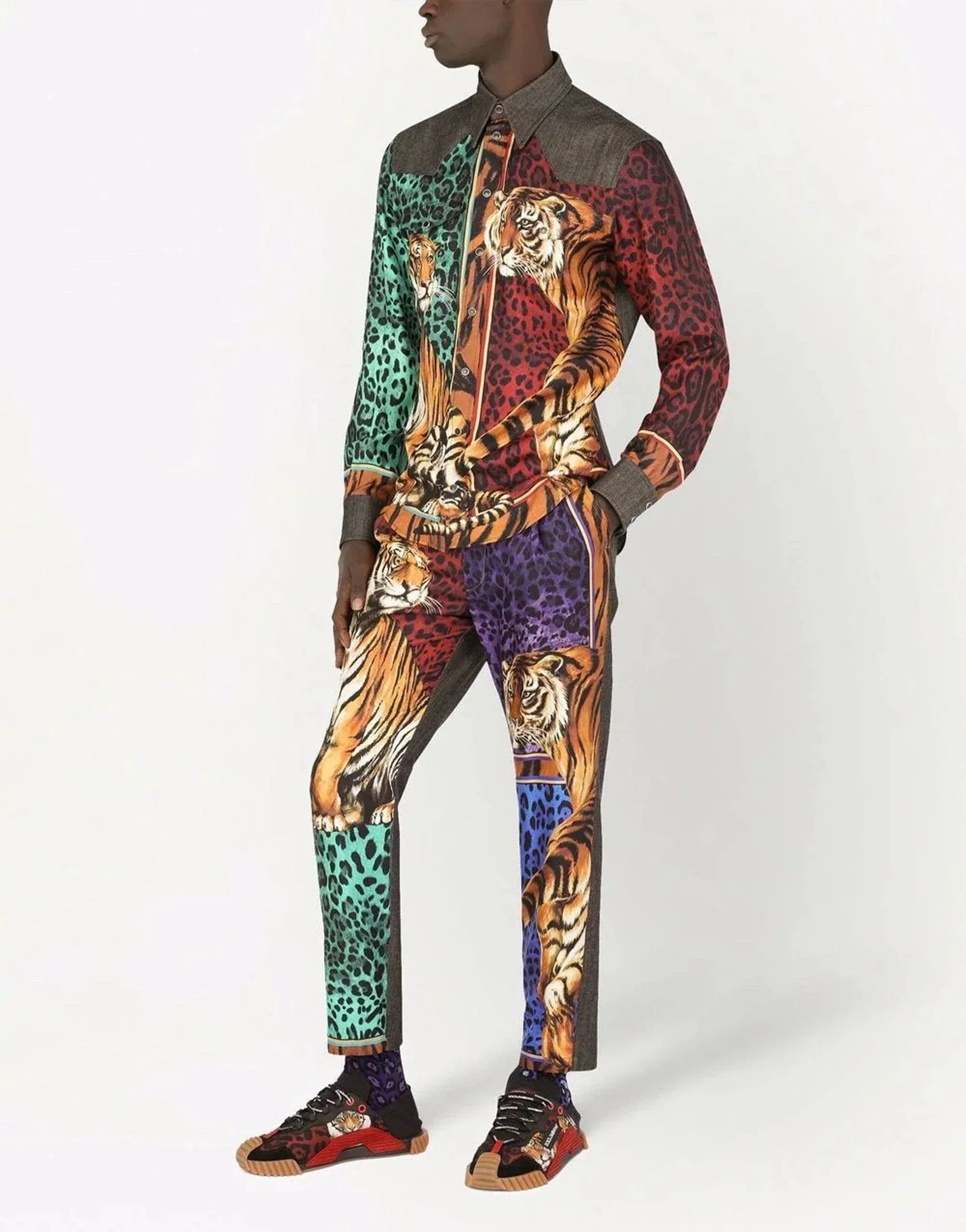 Dolce & Gabbana Tiger-Print Silk Denim Shirt