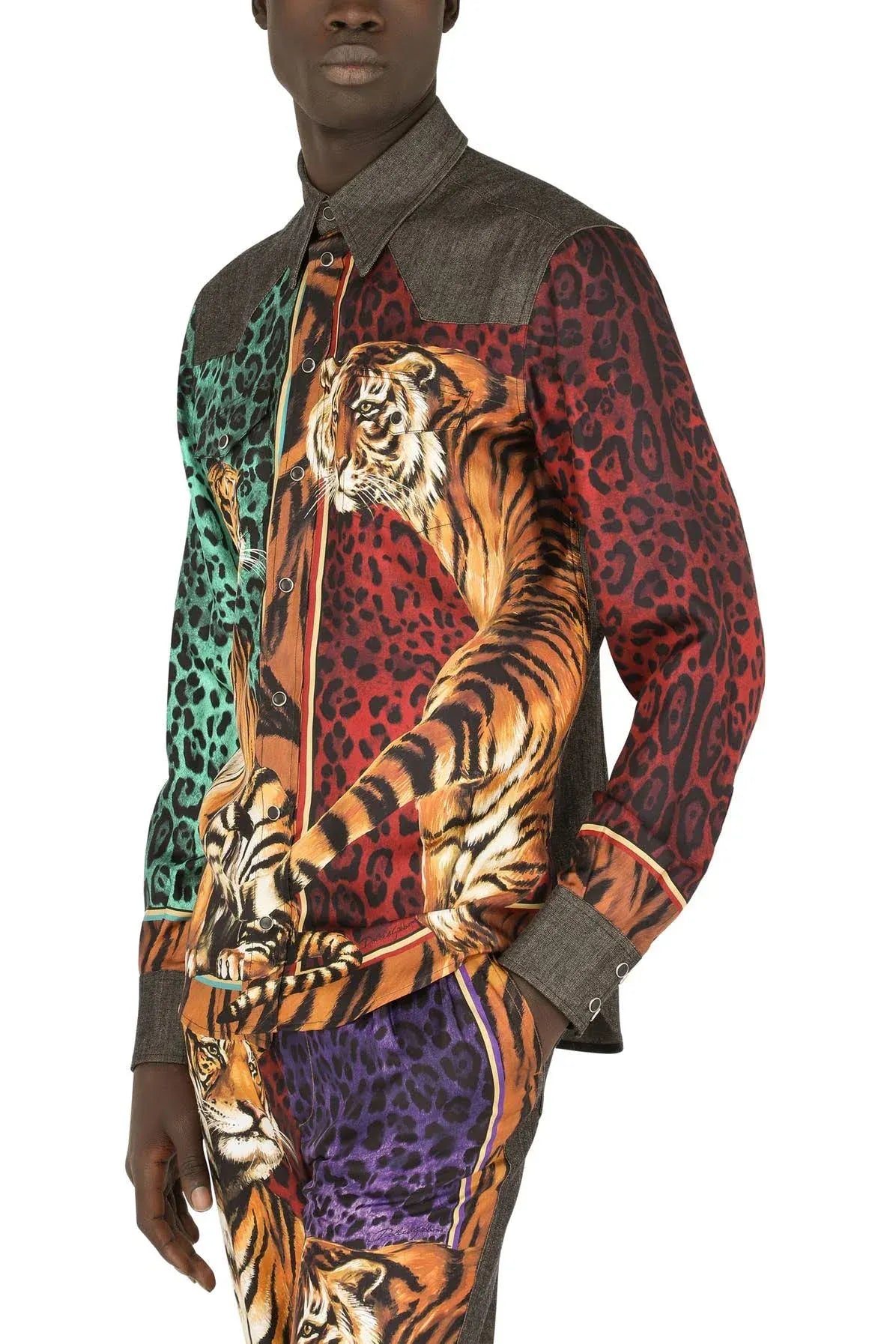 Dolce & Gabbana Tiger-Print Silk Denim Shirt