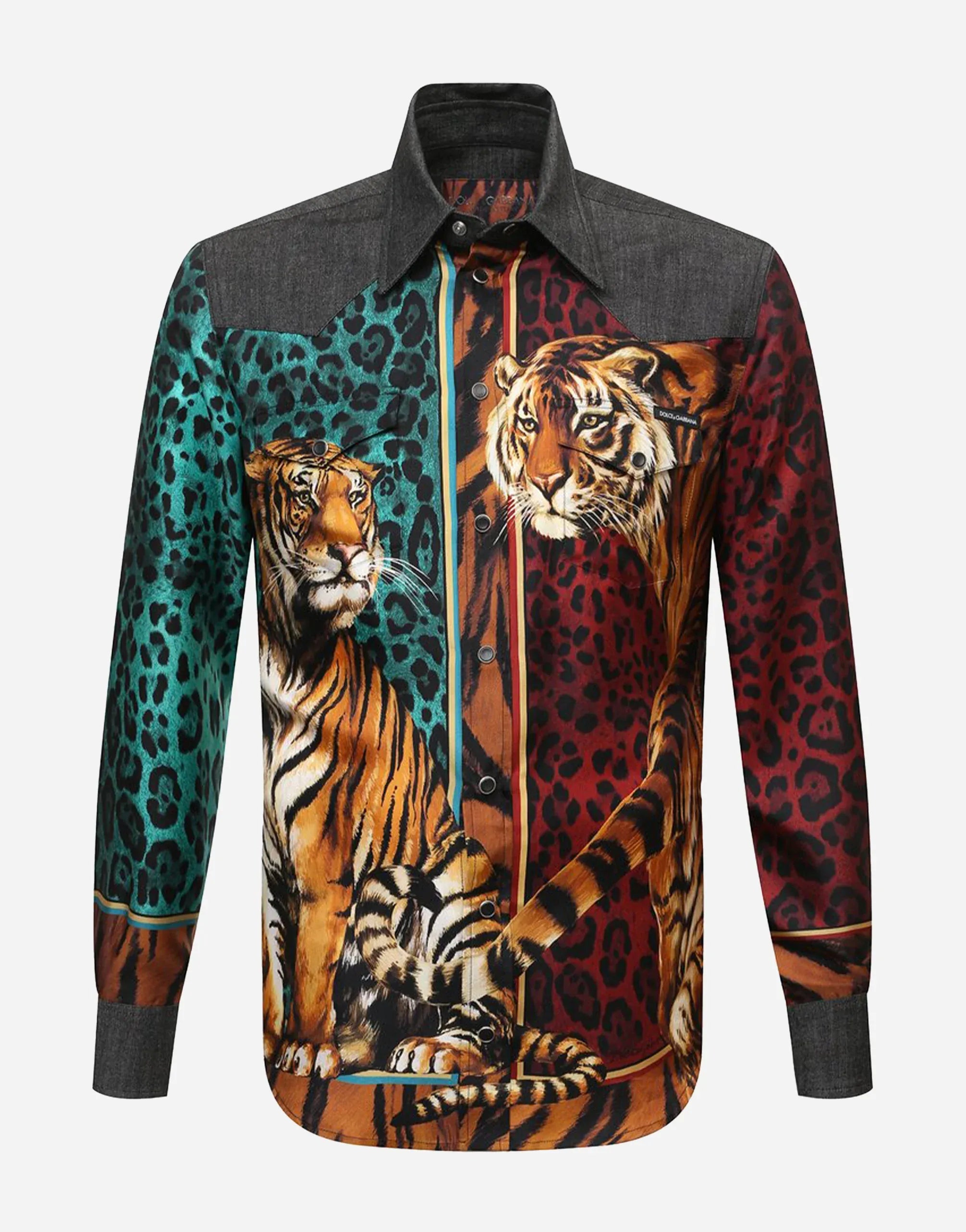 Dolce & Gabbana Tiger-Print Silk Denim Shirt