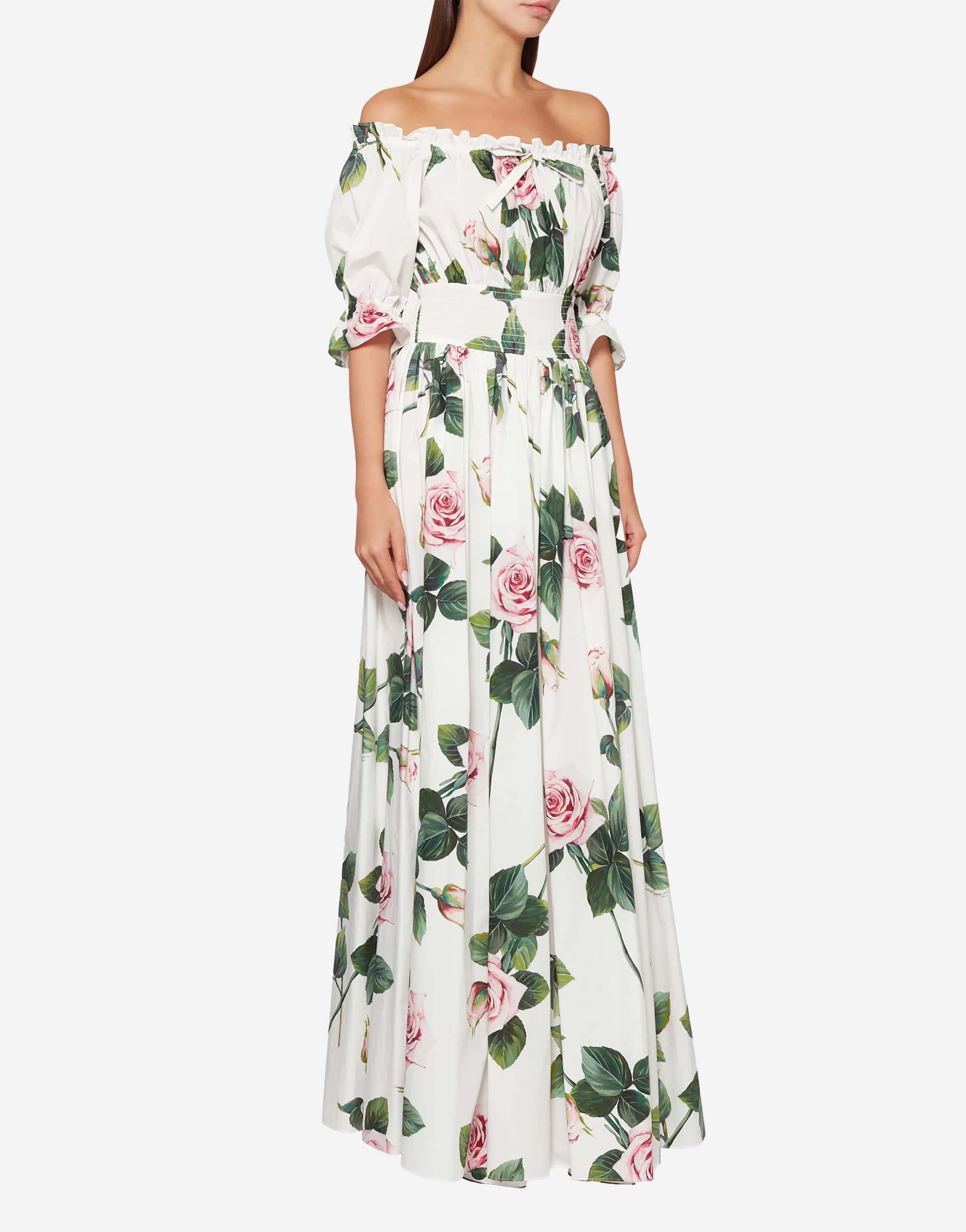 Dolce & Gabbana Tropical Rose Print Off-The-Shoulder Dress