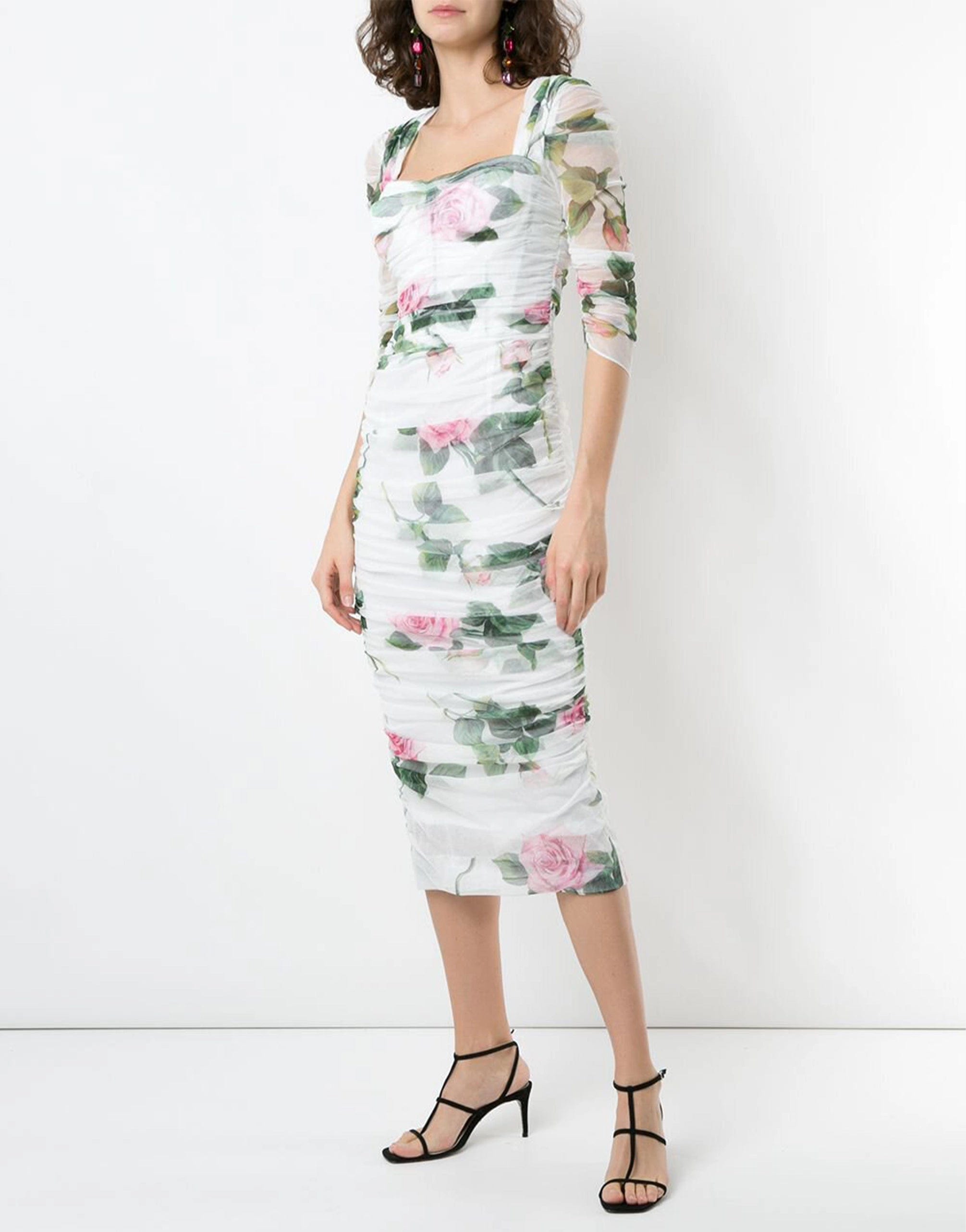 Dolce & Gabbana Tropical Rose-Print Tulle Midi-Dress
