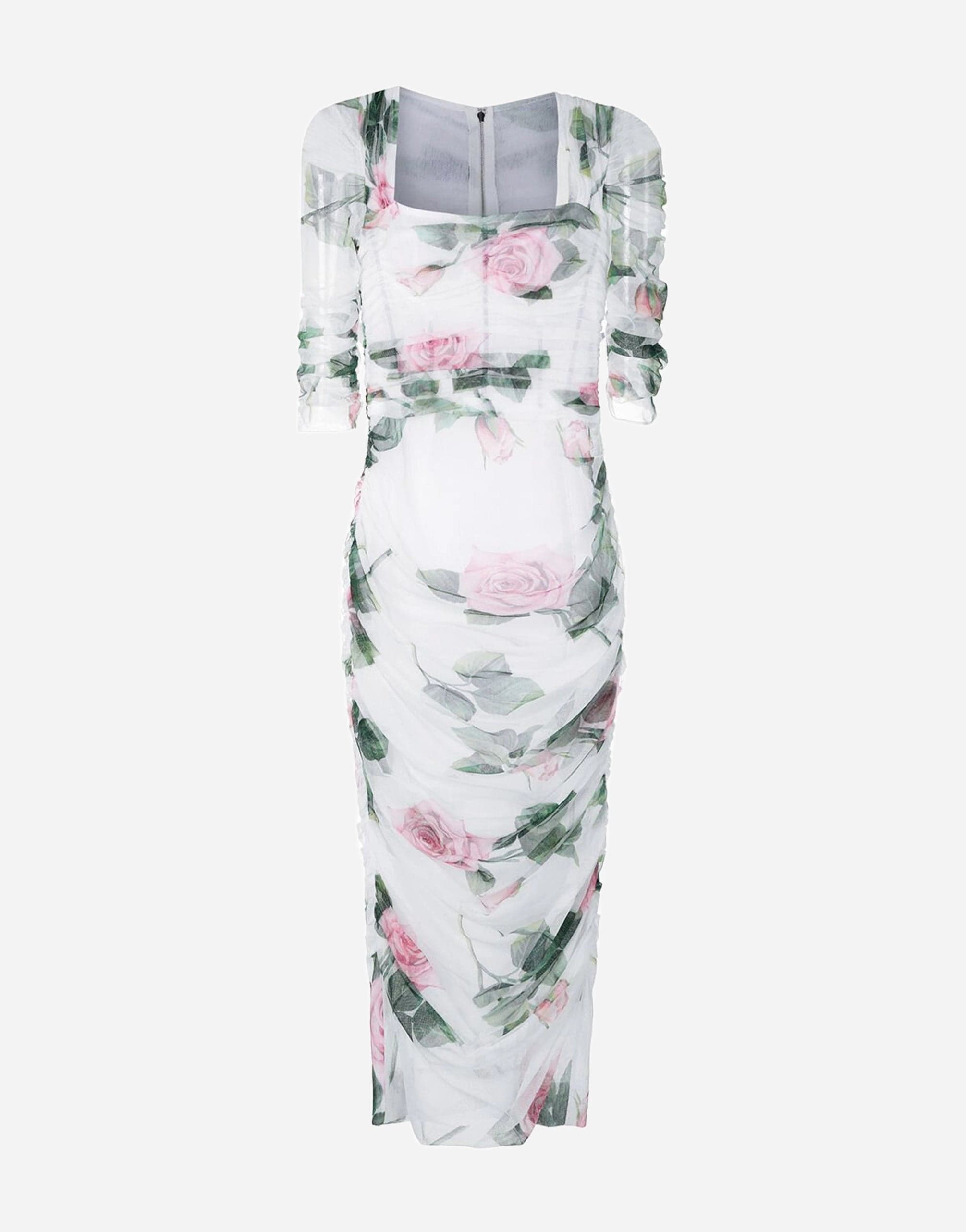 Dolce & Gabbana Tropical Rose-Print Tulle Midi-Dress