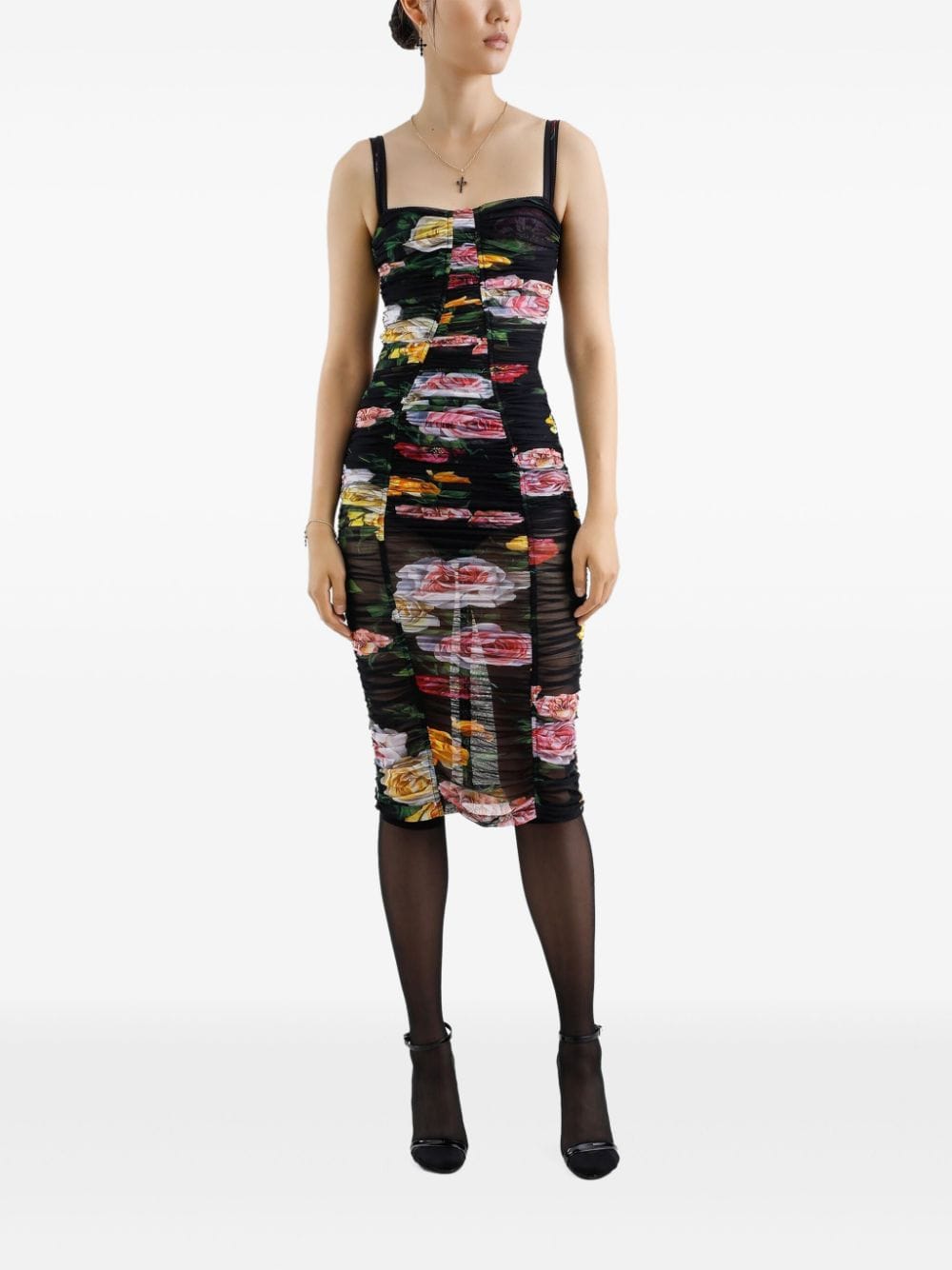 Dolce & Gabbana Tulle Draping Floral-Print Midi Dress