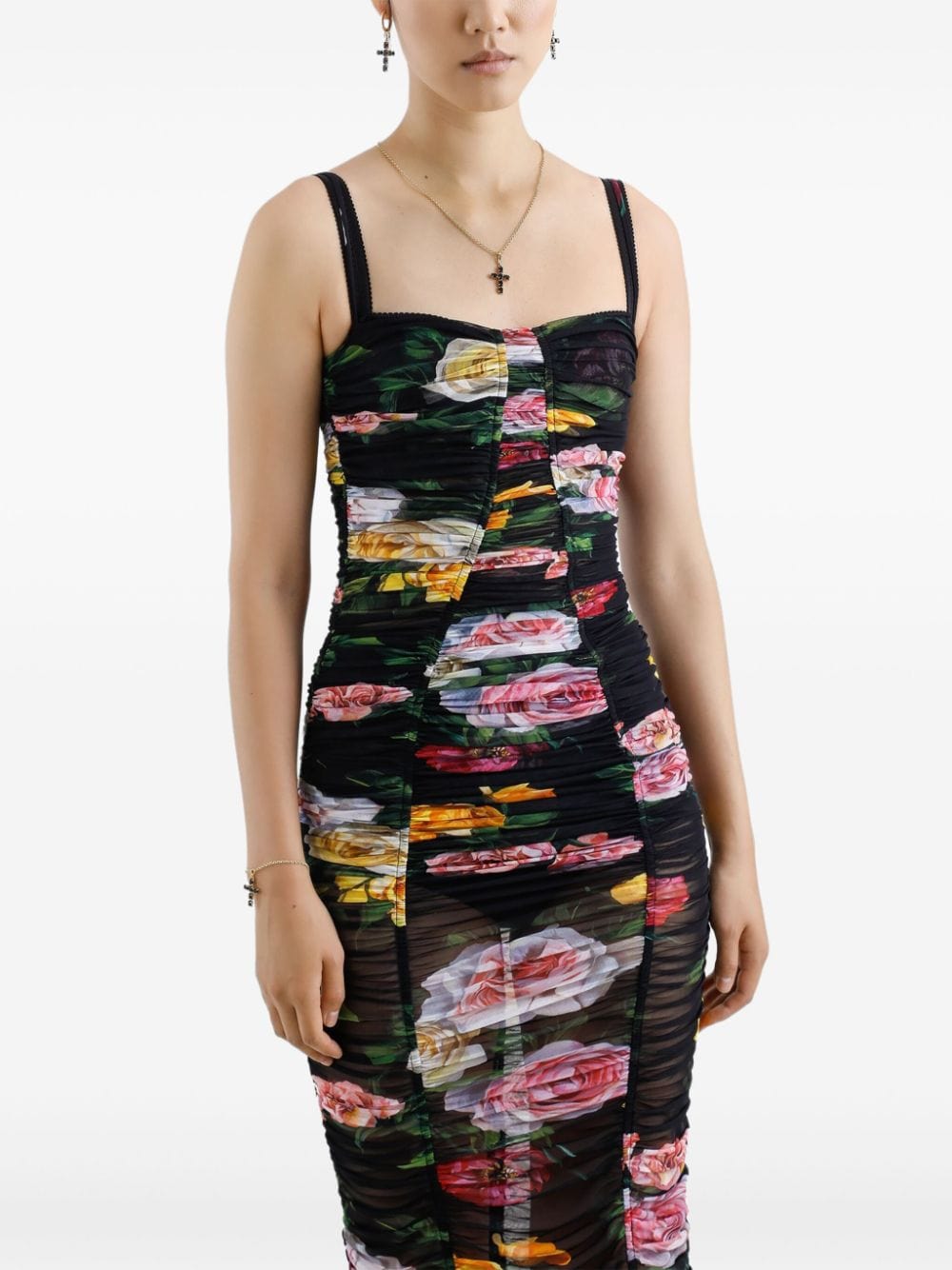 Dolce & Gabbana Tulle Draping Floral-Print Midi Dress