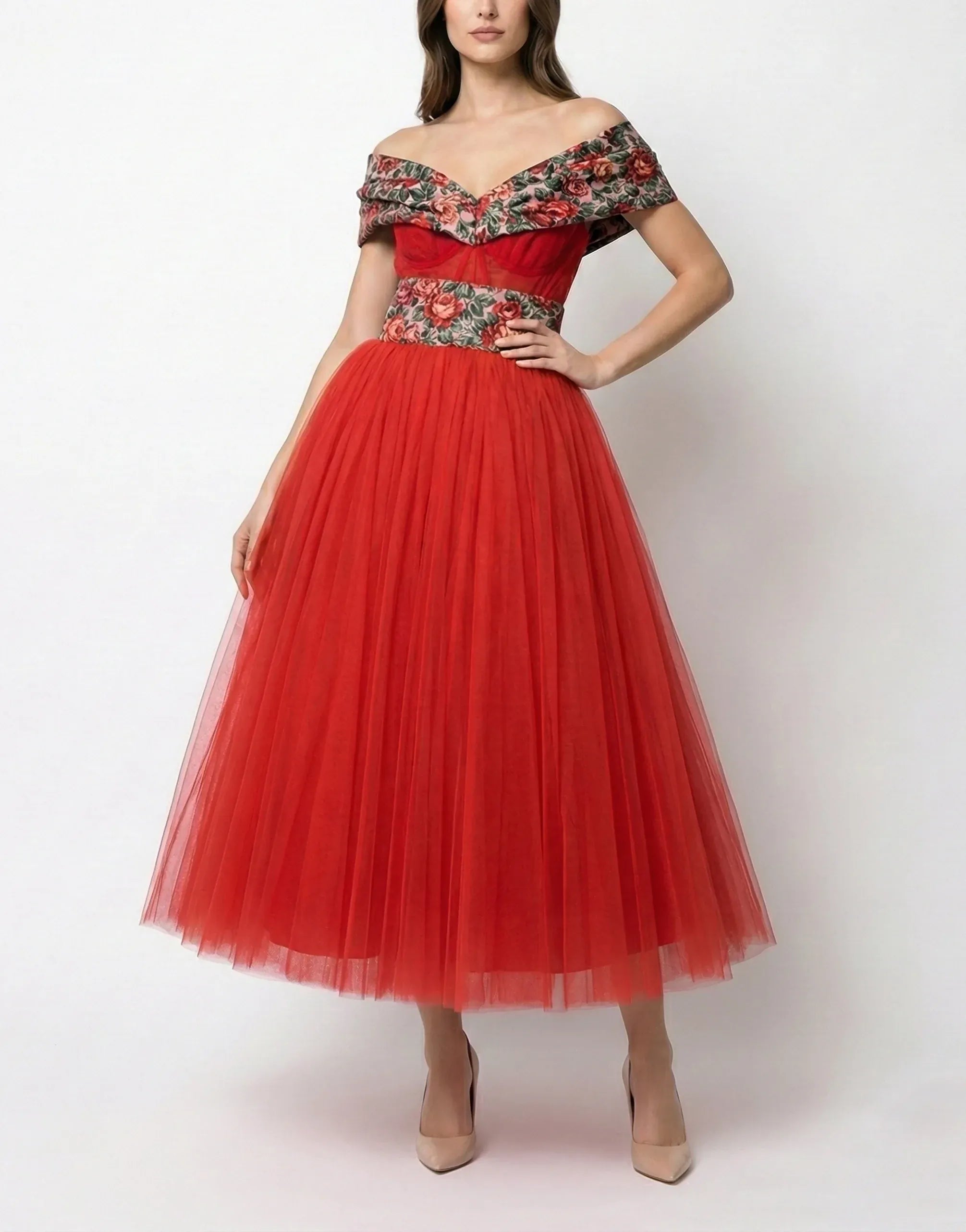 Dolce & Gabbana Tulle & Floral Brocade Off-Shoulder Dress