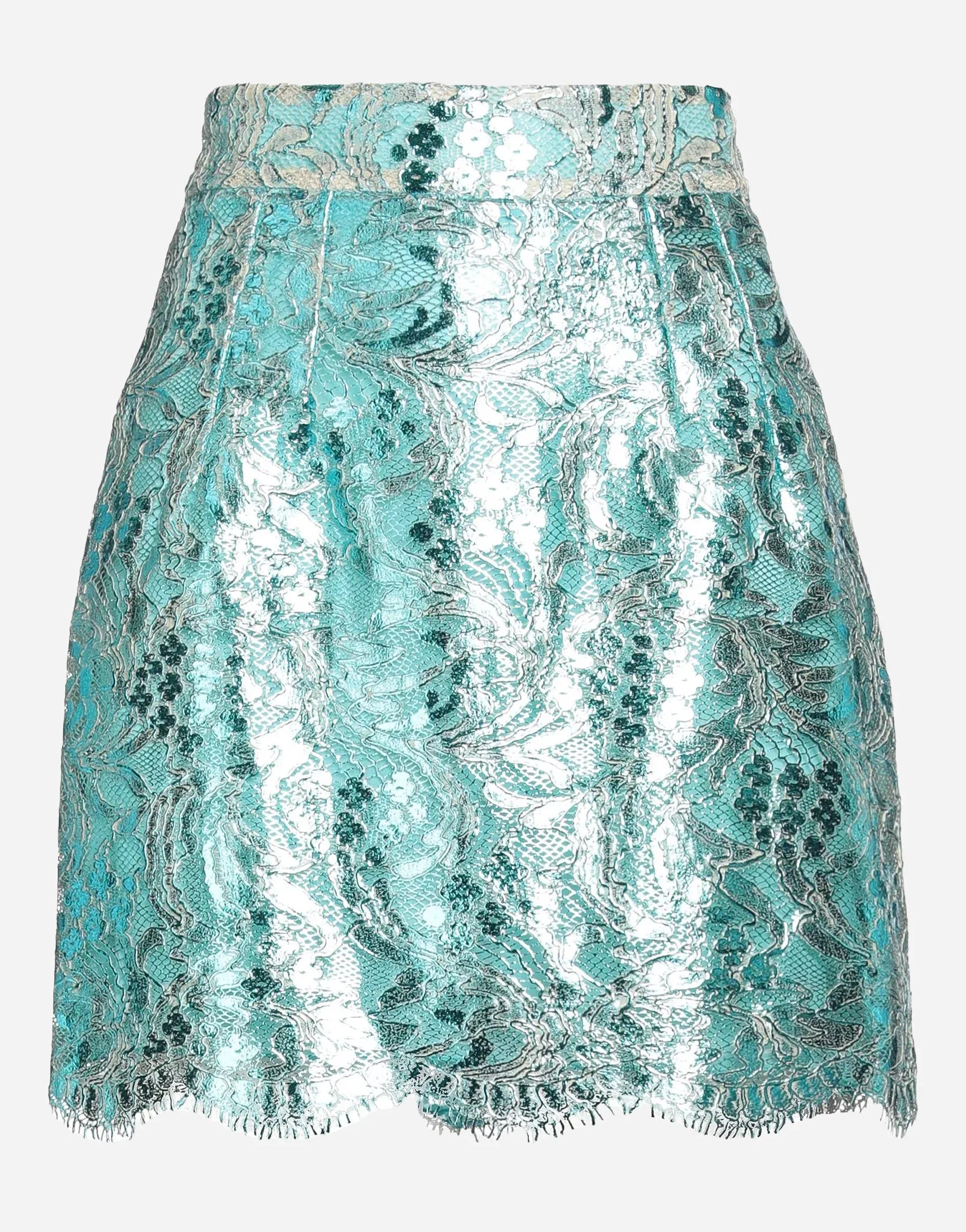 Dolce & Gabbana Turquoise Floral Sequin Lace Mini Skirt