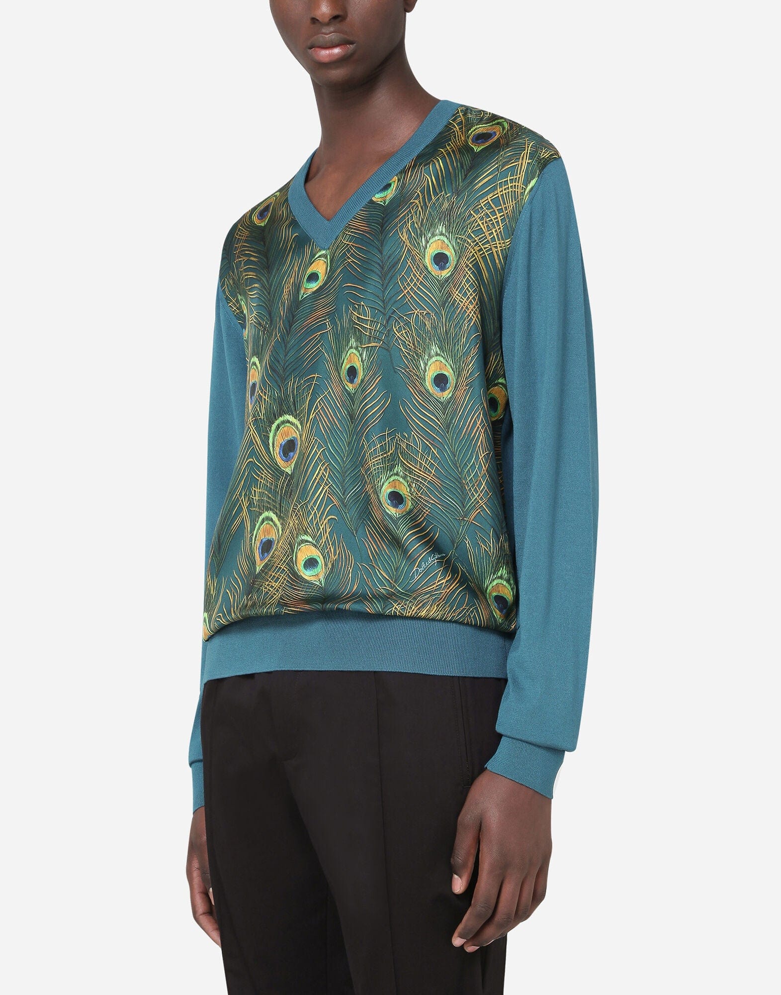 Шелковый свитер V-образного выреза с павлином