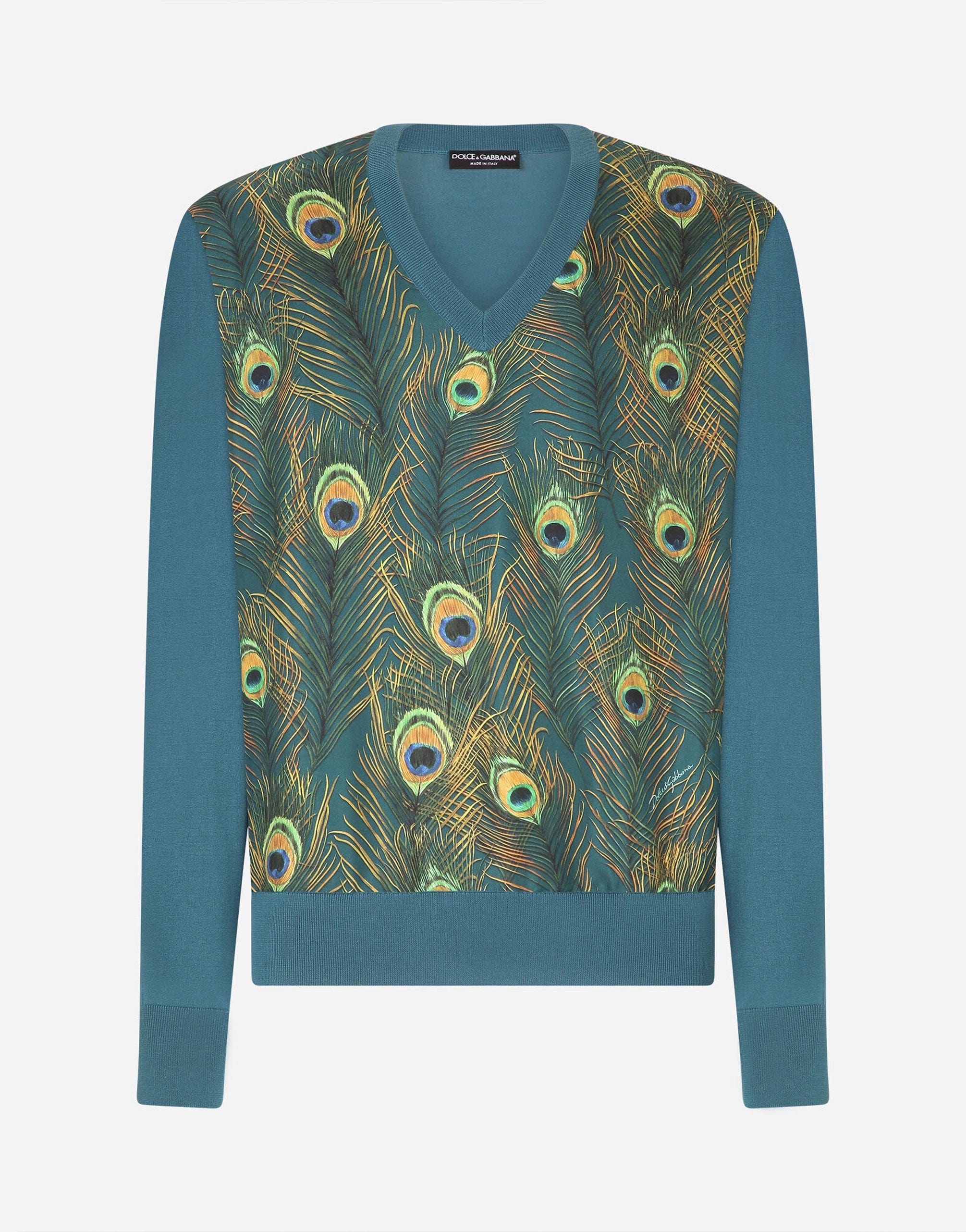Dolce & Gabbana V-Neck Silk Sweater With Peacock-Print Dolce & Gabbana V-Neck Silk Sweater With Peacock-Print