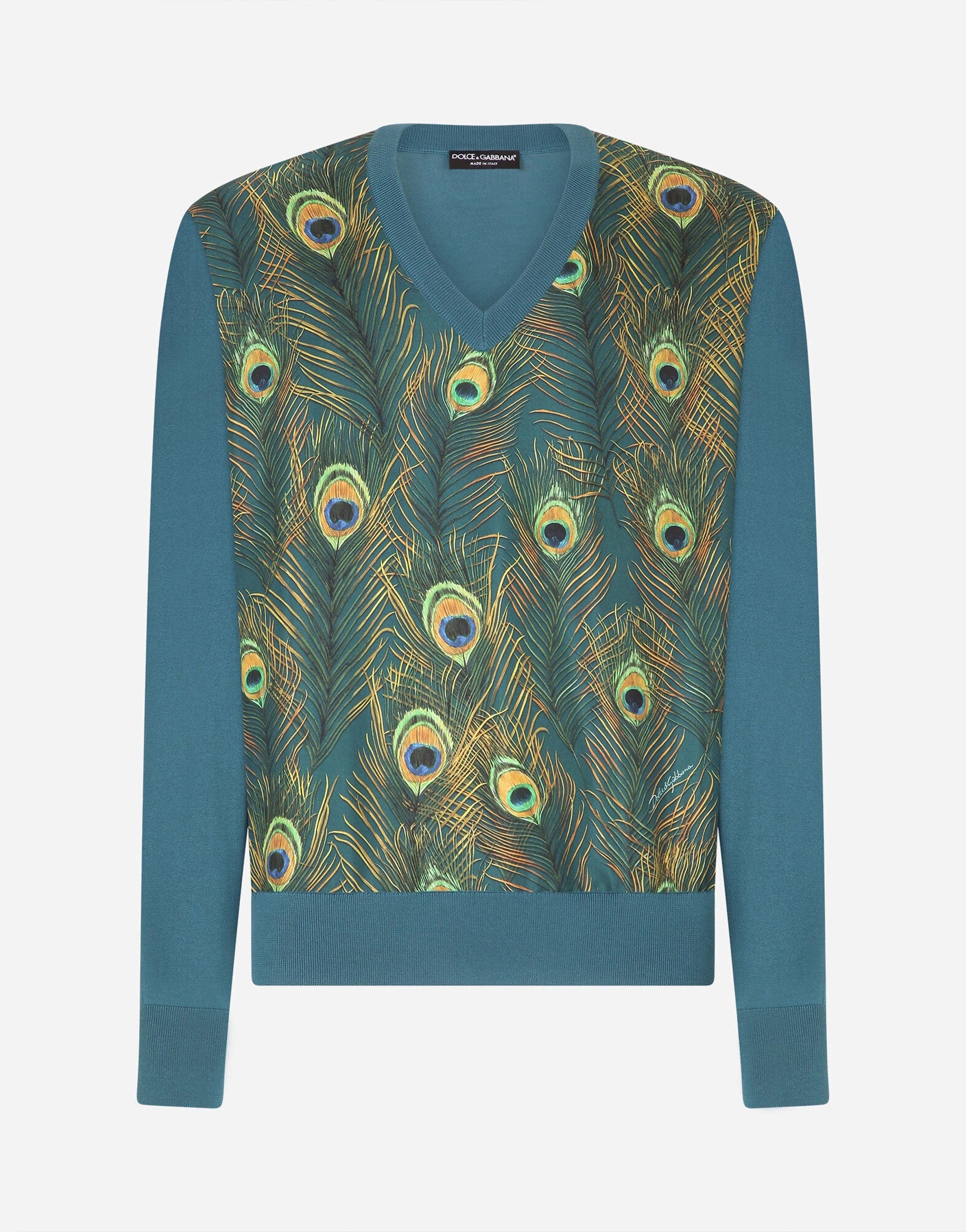 Suéter de seda con cuello en V con estampado de pavo real