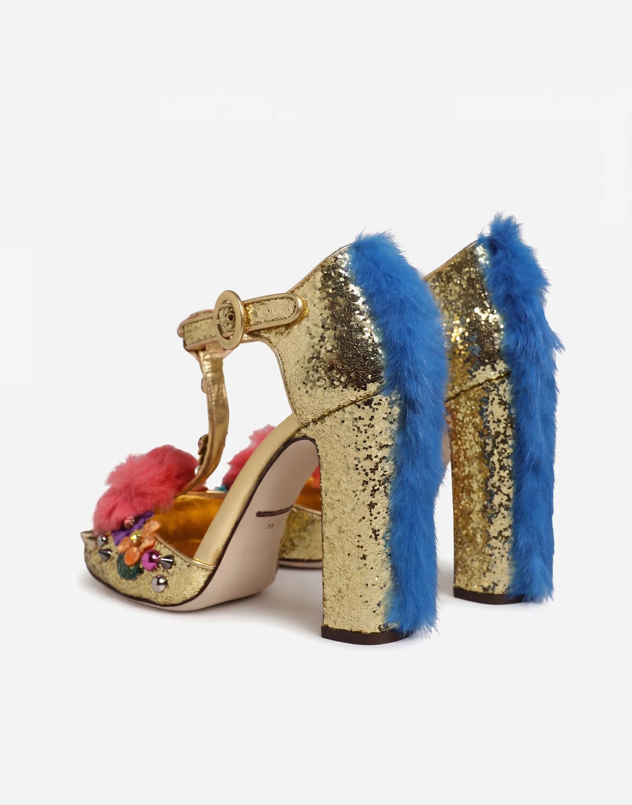 Dolce & Gabbana Vally Fur-Trimmed Glitter T-Strap Pumps