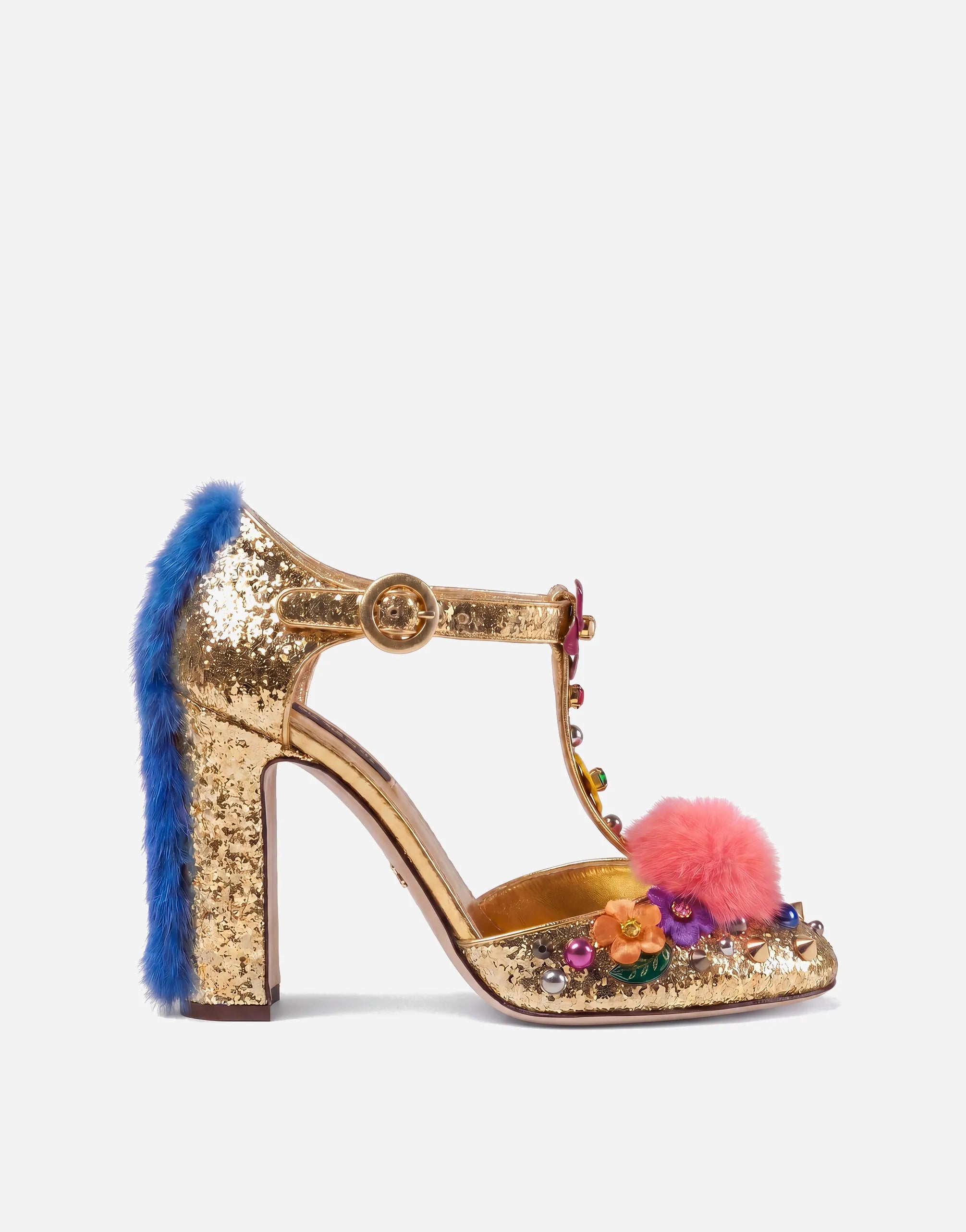 Dolce & Gabbana Vally Fur-Trimmed Glitter T-Strap Pumps