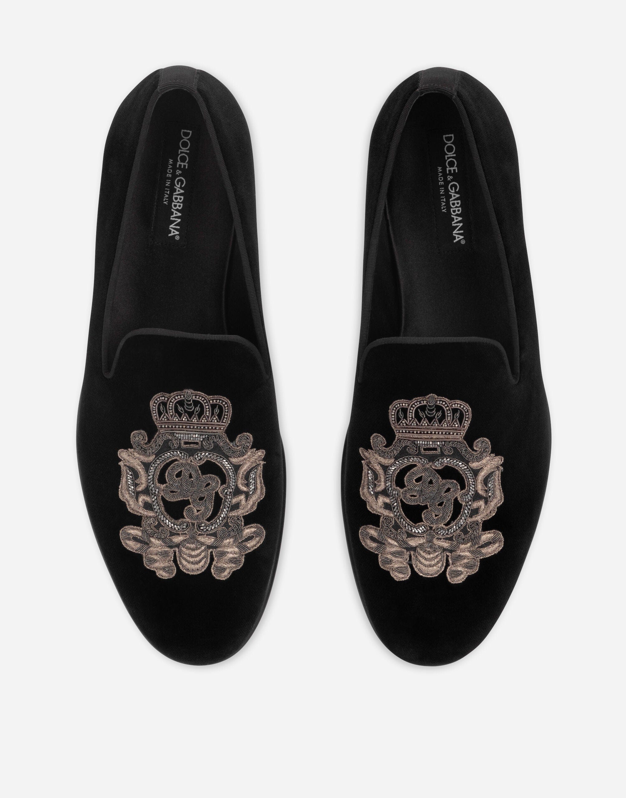 Dolce & Gabbana Velvet Slippers With Coat Of Arms Embroidery