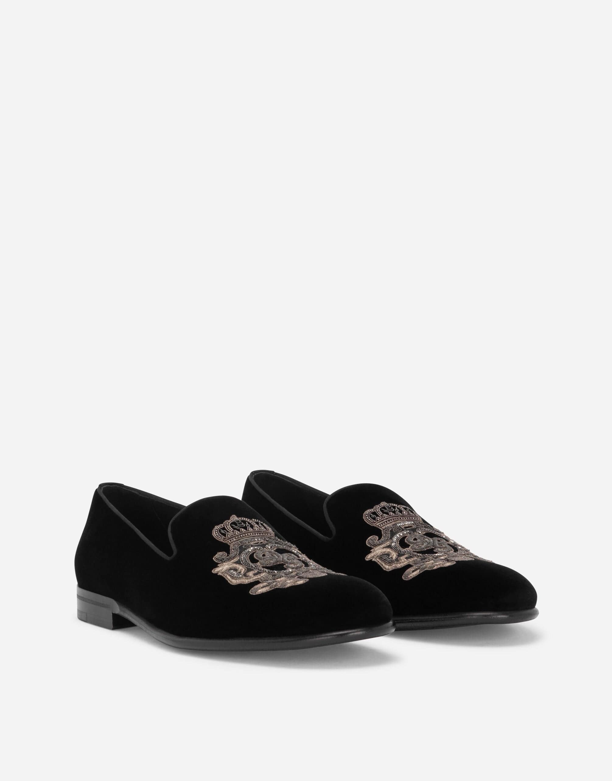 Dolce & Gabbana Velvet Slippers With Coat Of Arms Embroidery