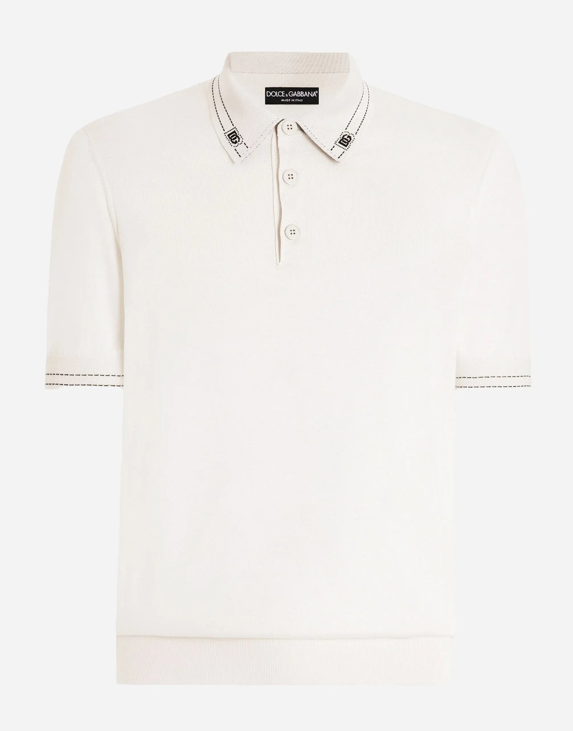 Dolce & Gabbana White Logo-Collar Silk Polo Shirt