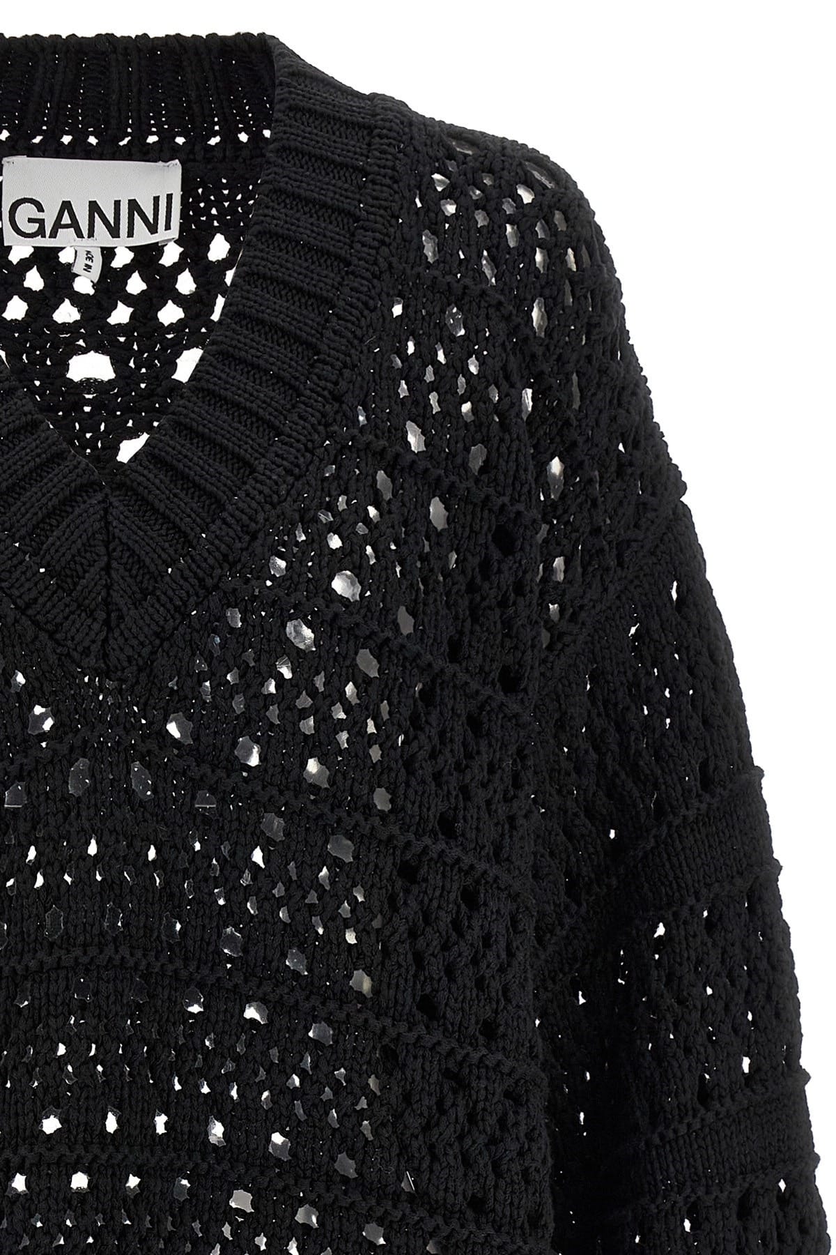 Ganni Ganni Black Crochet V-Neck Sweater