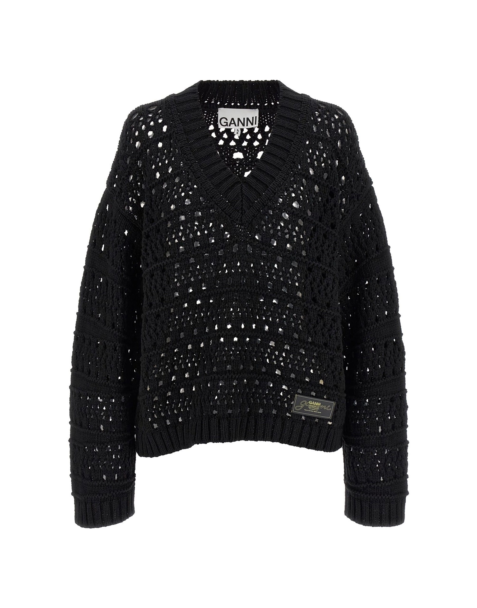 Ganni Ganni Black Crochet V-Neck Sweater