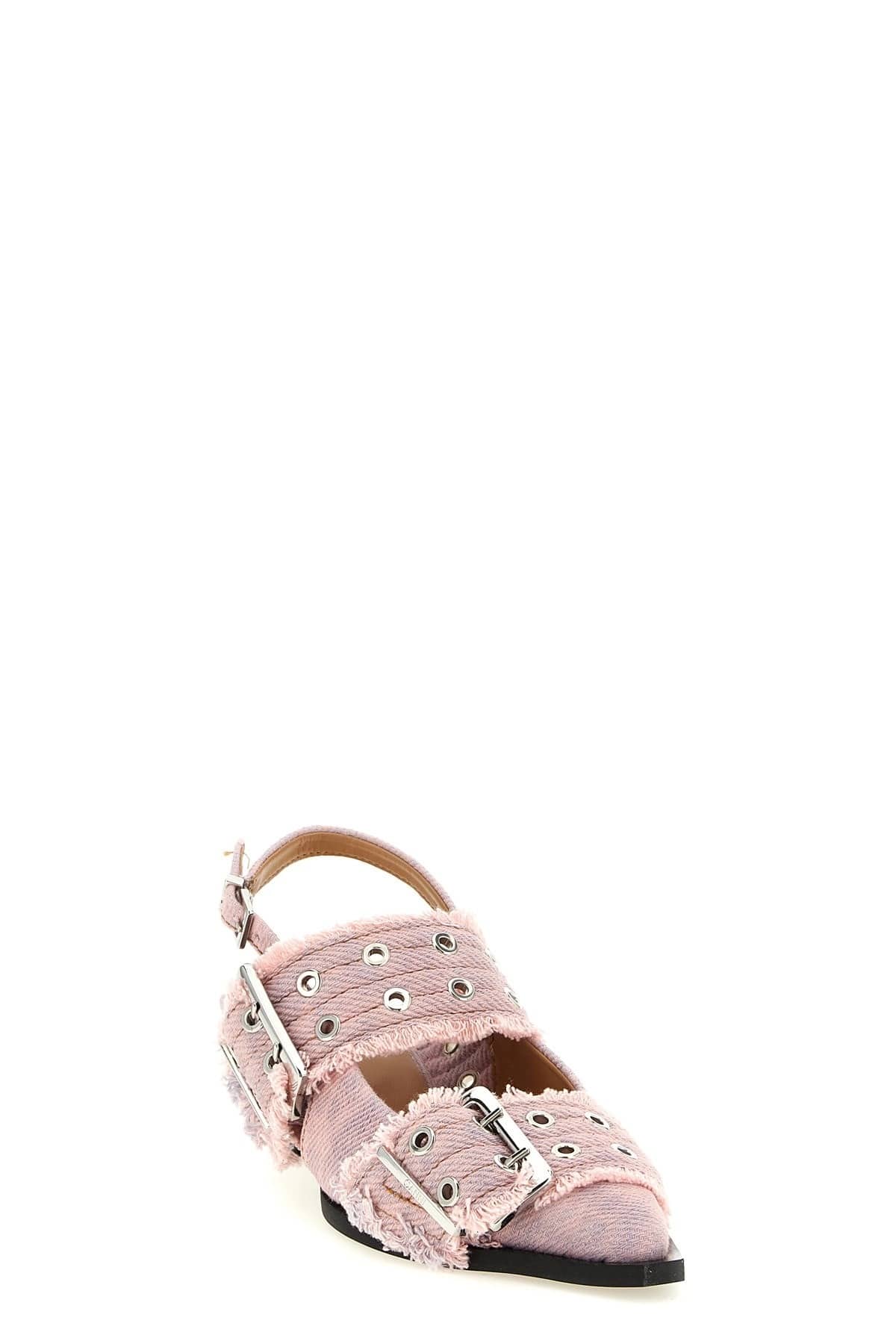 Ganni Ganni Buckle Fringed Denim Slingback