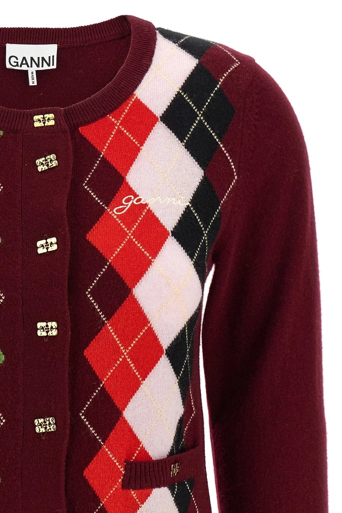 Ganni Ganni Burgundy Check Cardigan