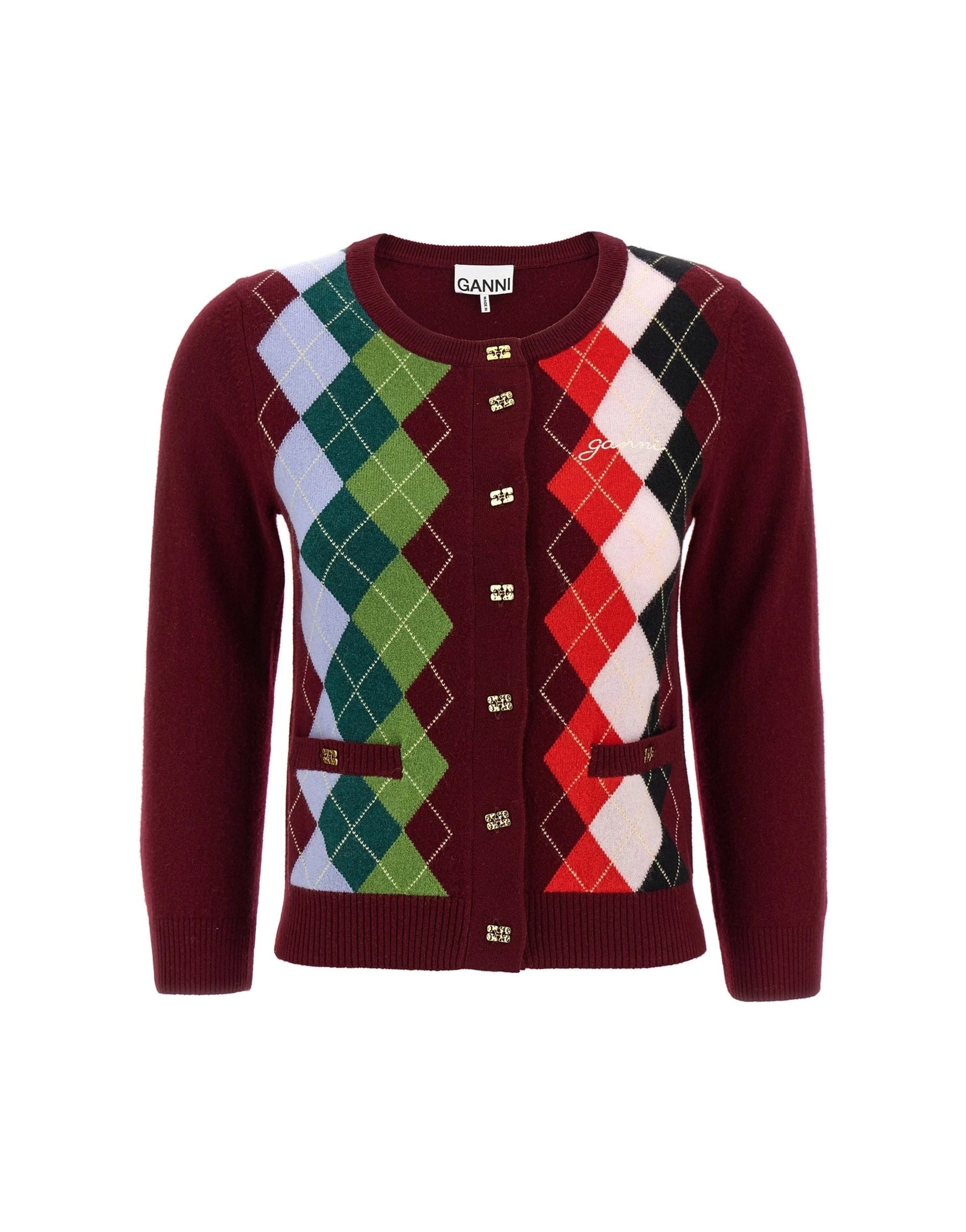 Ganni Ganni Burgundy Check Cardigan