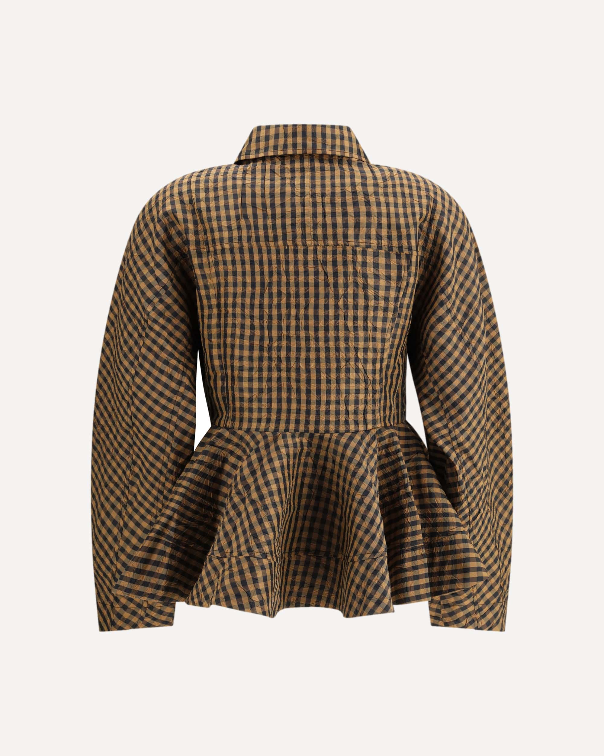 Ganni Crinkled Checked Taffeta Peplum Blouse