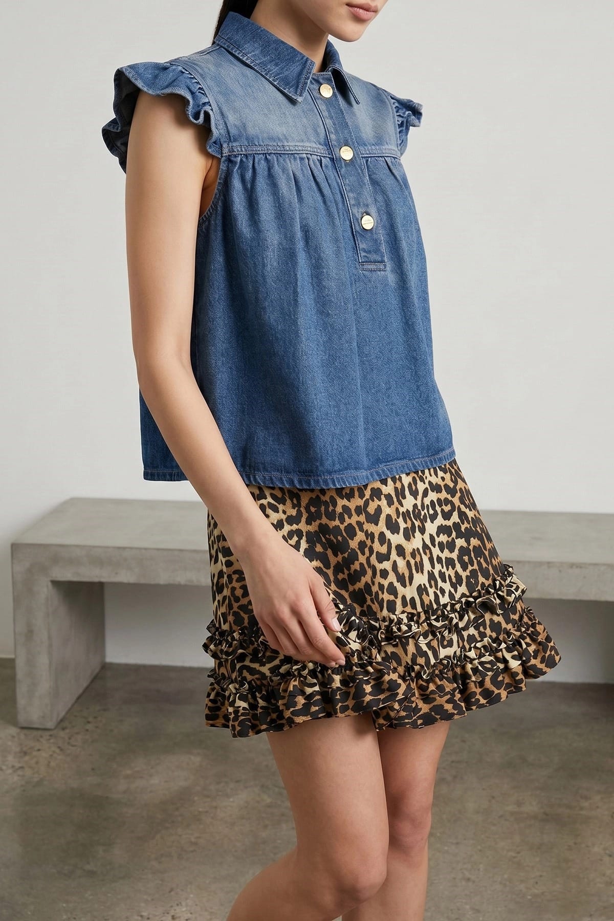 Ganni Ganni Denim Ruffle Top