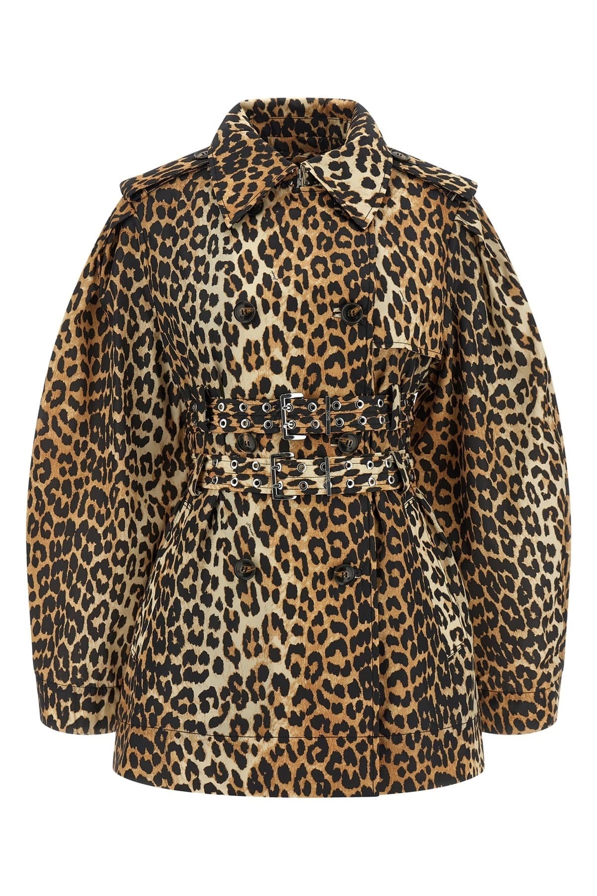 Ganni Ganni Leopard Duchesse Nylon Short Trench Coat